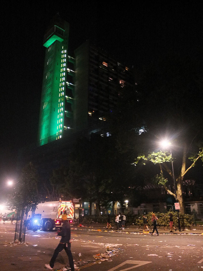 The first Green for Grenfell illumination for Notting Hill Carnival 2017