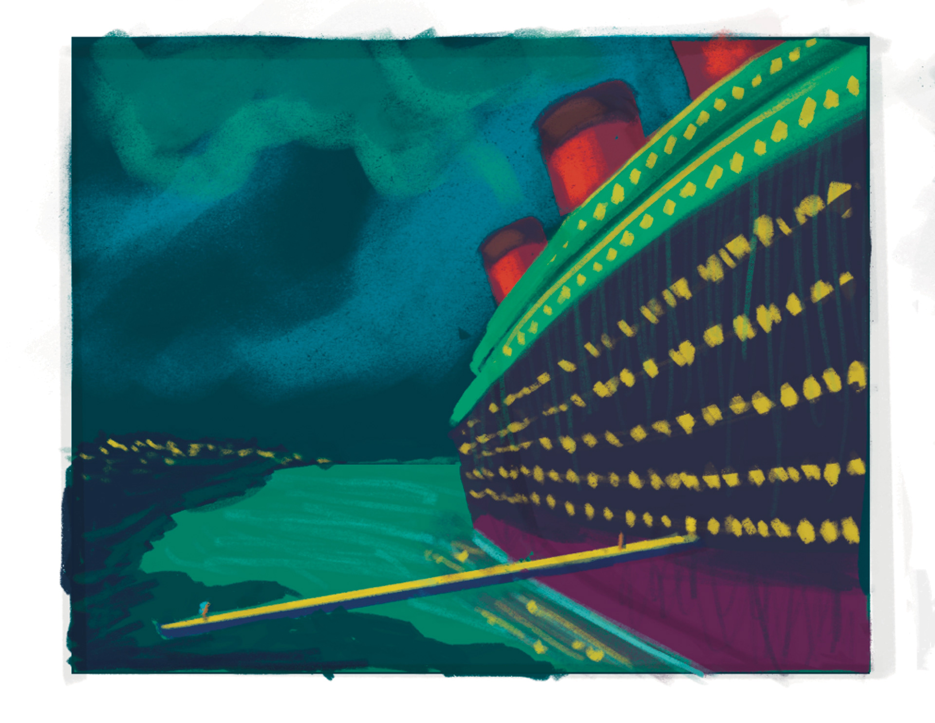 Young girl runs after her father onto the mysterious ship
