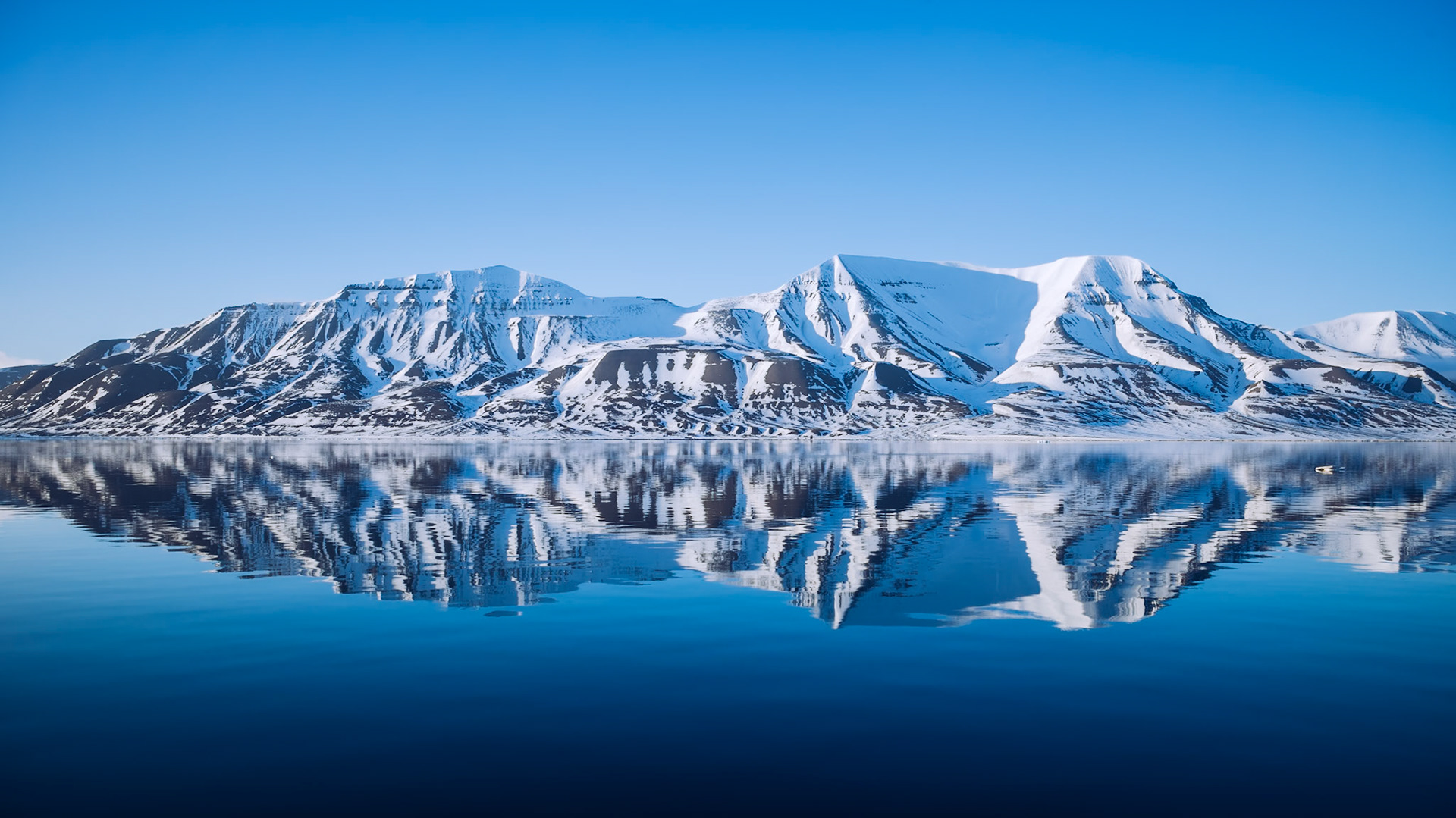 Eine Panoramaaufnahme, die schneebedeckte Berge und deren beeindruckende Spiegelung in ruhigem, blauem Wasser zeigt. Das Bild vermittelt eine ruhige und majestätische Atmosphäre.
