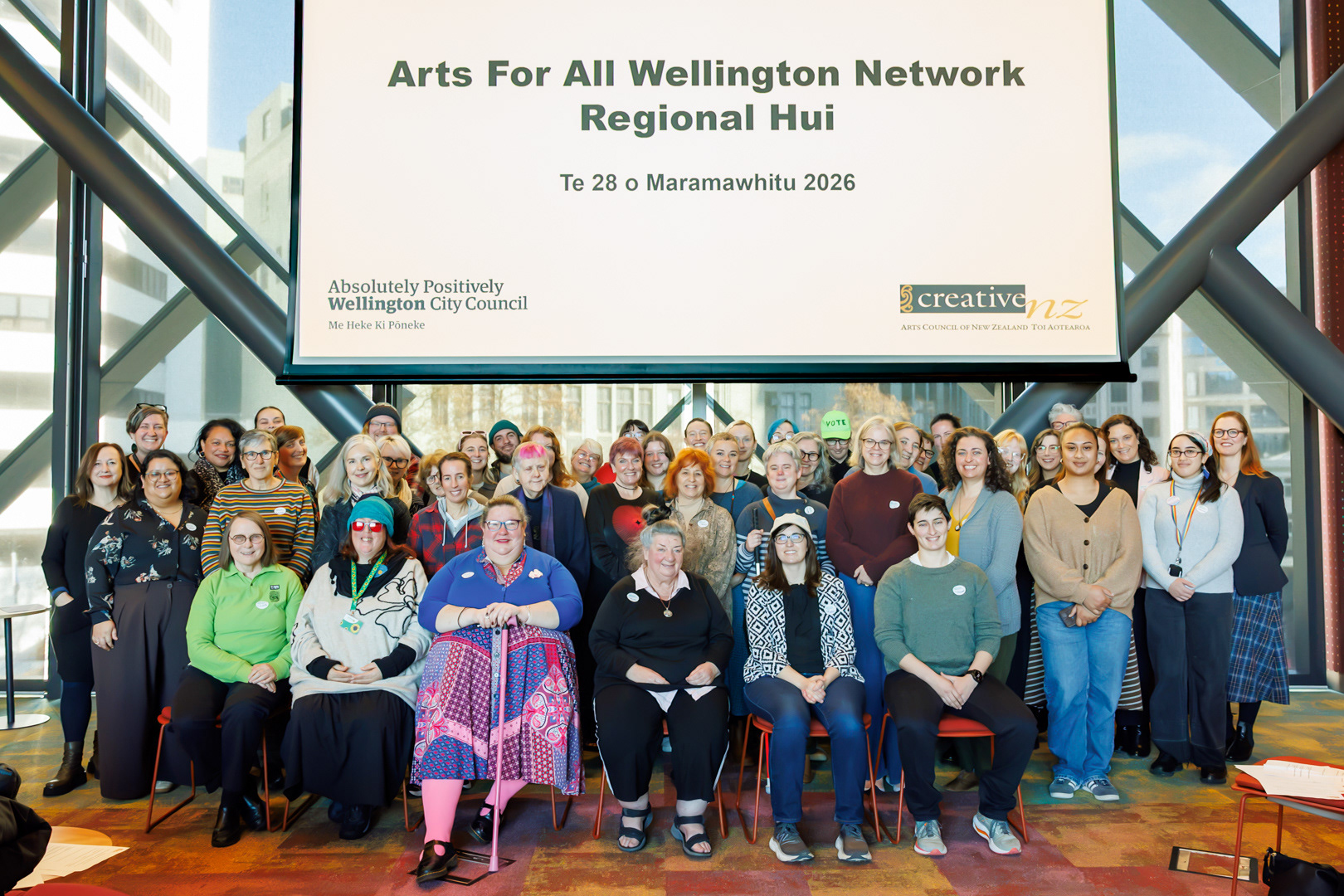 Approximately 50 attendees of the Arts For All hui held in Wellington on July 28, 2026