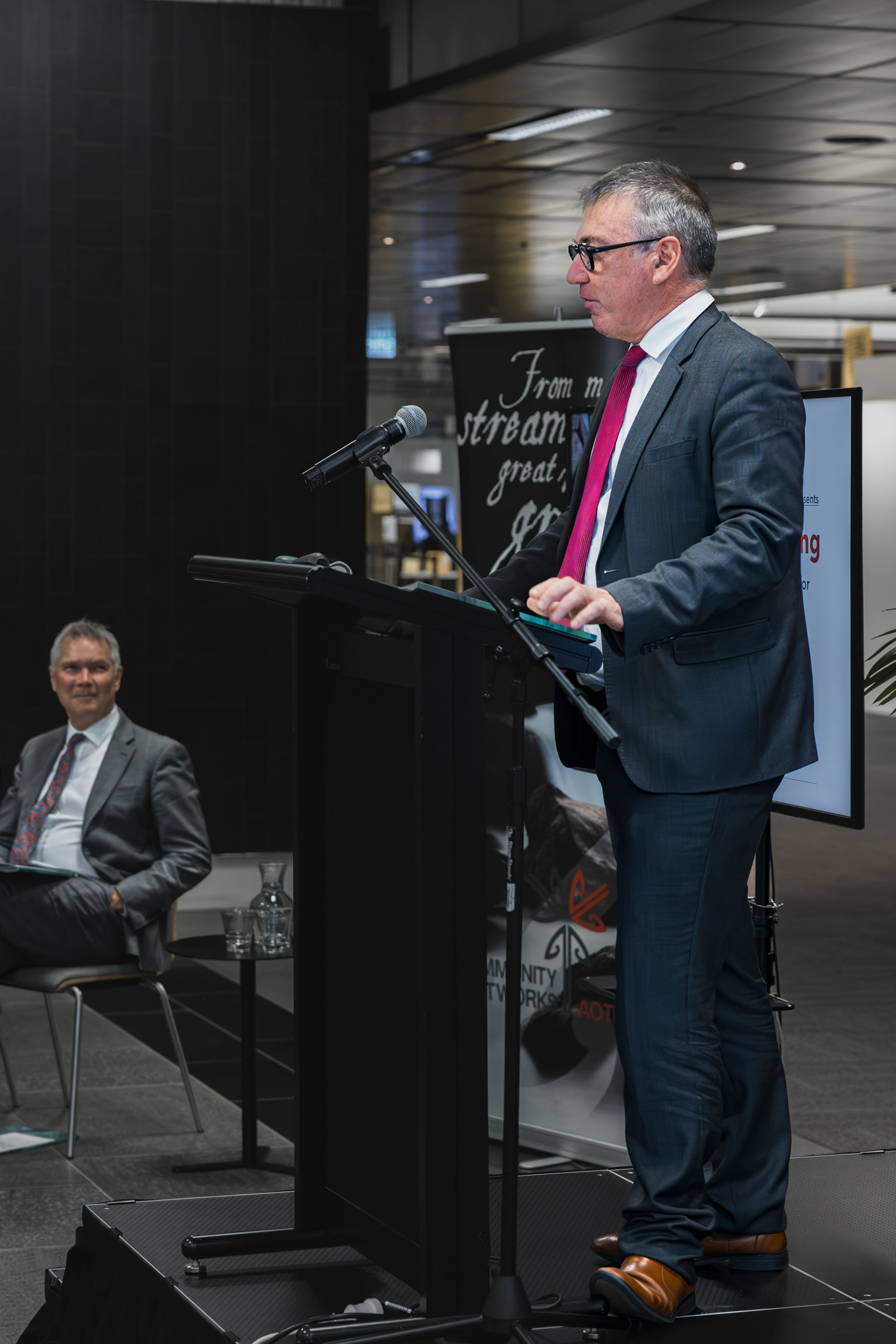 Labour Minister Duncan Webb addresses the crowd at the launch held at the National Gallery.