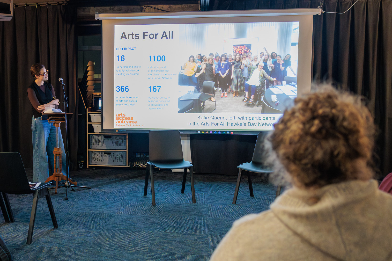 Vic Crockford addresses an Arts For All slide during the Arts Access Aotearoa 2026 AGM