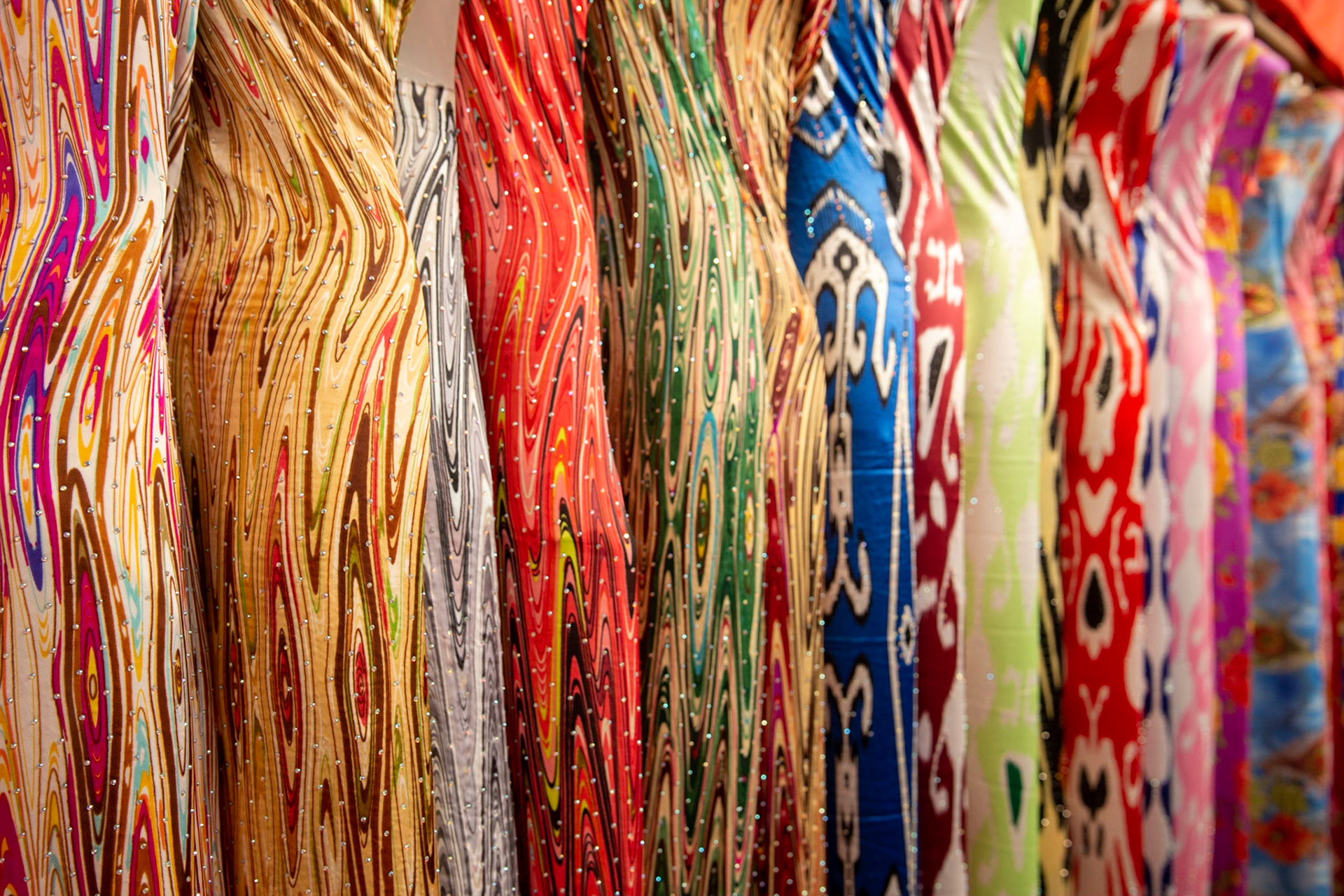 Textile in typical uyghur patterns in the Kashgar grand bazaar.