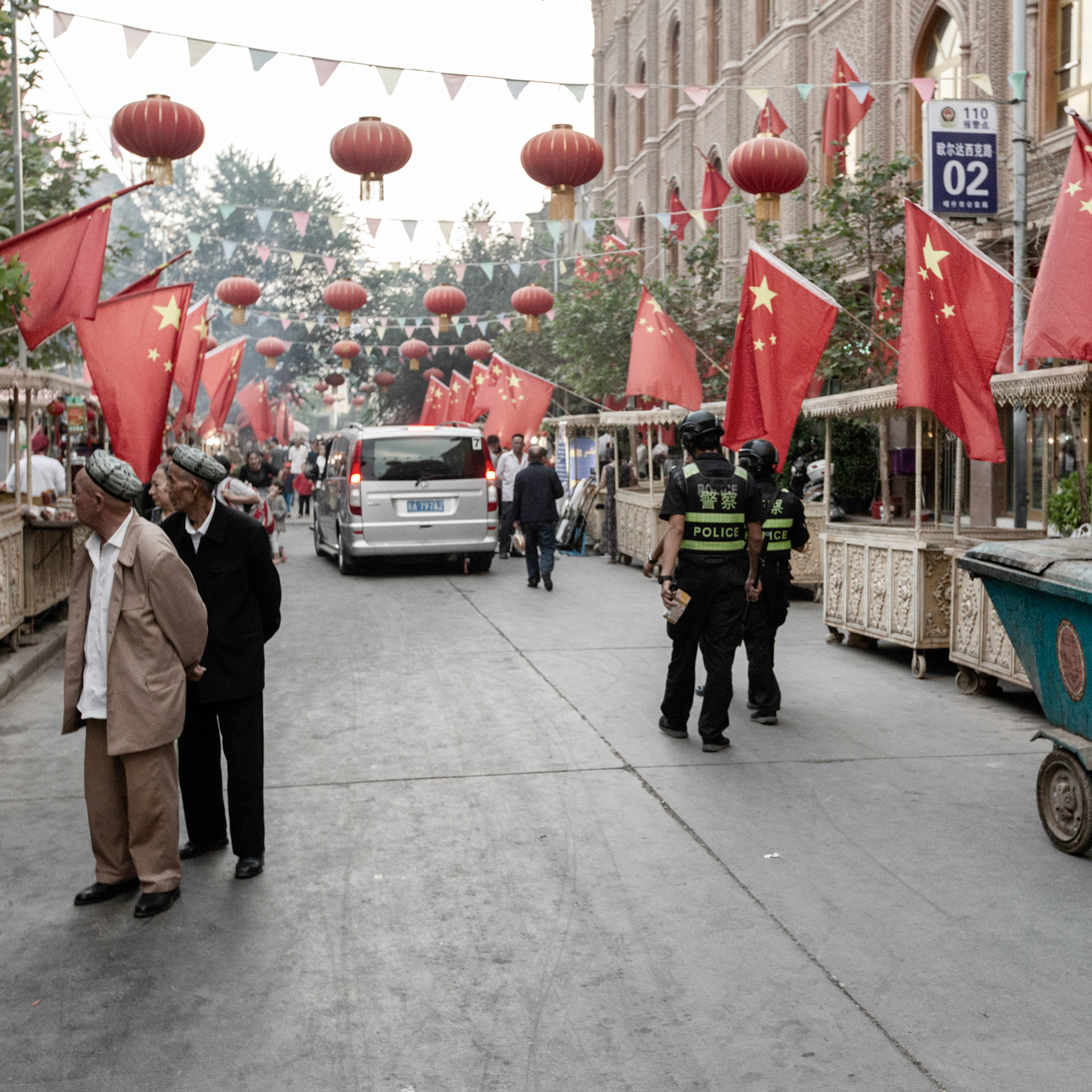 Kashgar,  China - September 11th, 2018 : Police patrolling the Kashgar food market.