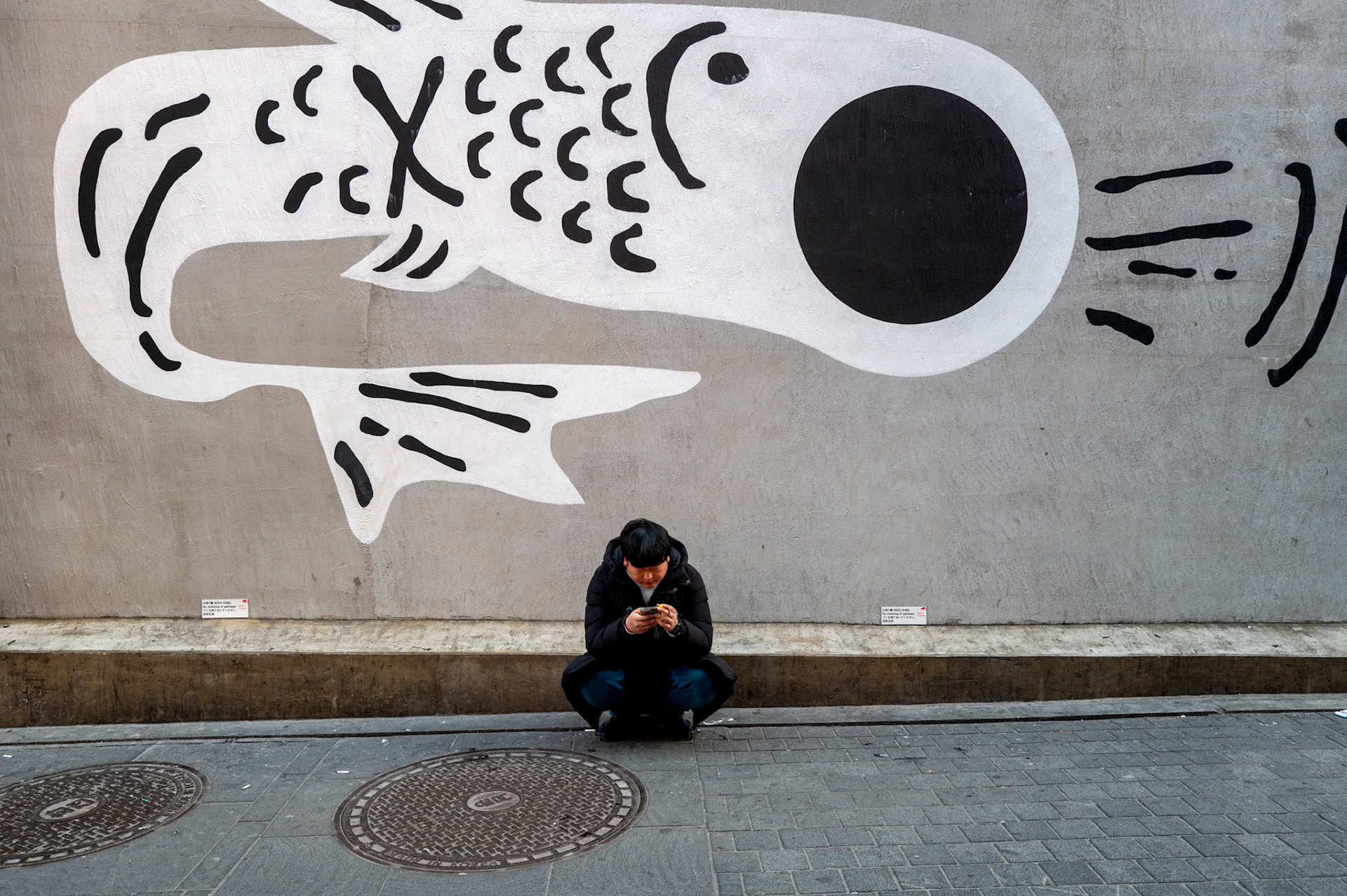 eoul, South Korea - March 10th, 2024: A person squats on the sidewalk, focused on their smartphone, in front of a large black-and-white fish mural painted on a concrete wall. The urban street art creates a striking visual composition.