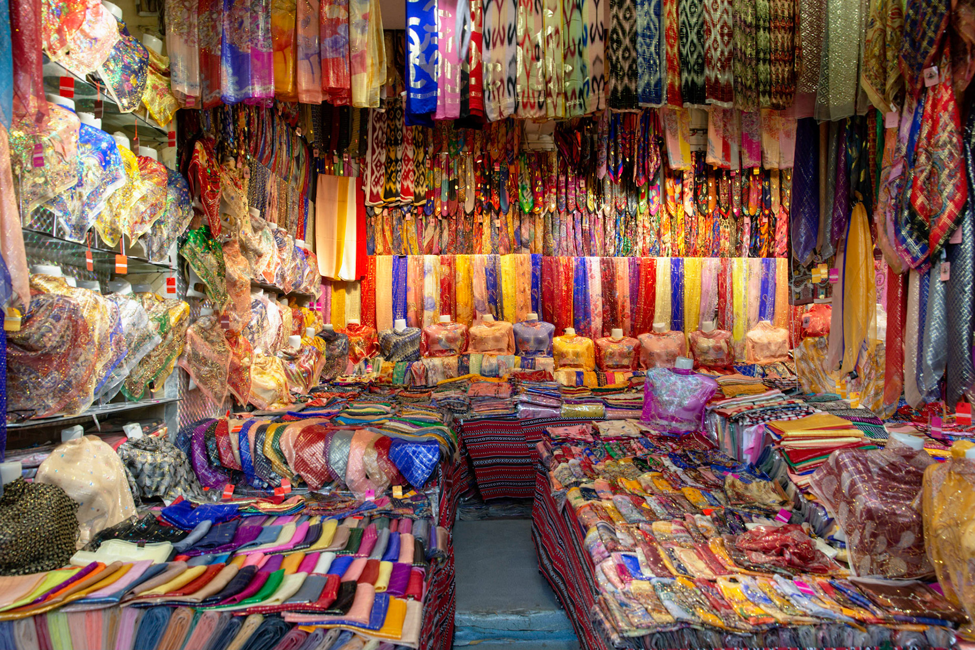 Textile shop at the Kashgar grand bazaar.