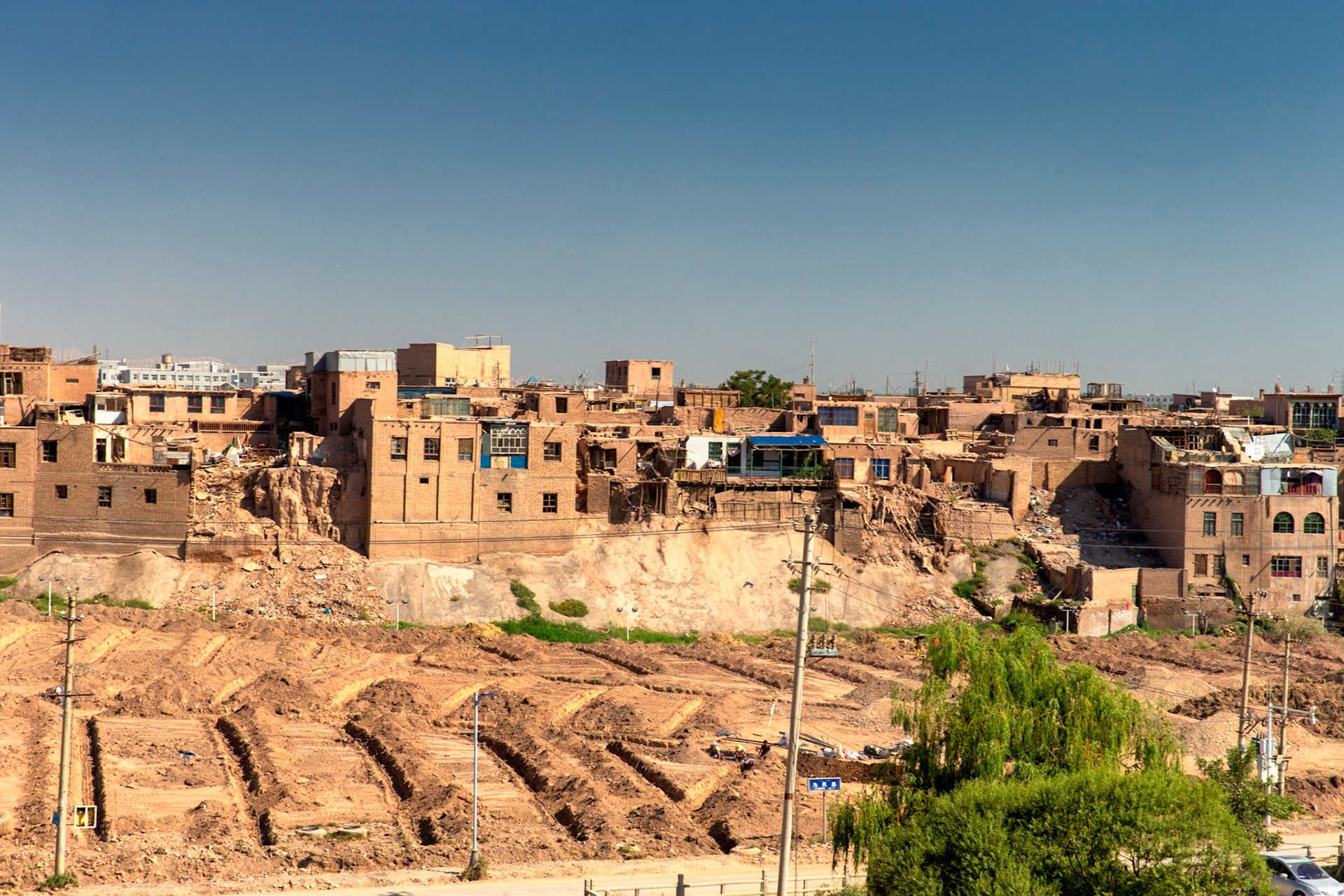 Kashgar,  China - September 10th, 2018 : View of the old city of Kashgar, as it is being demolished by Chinese authorities to be replaced with a new version