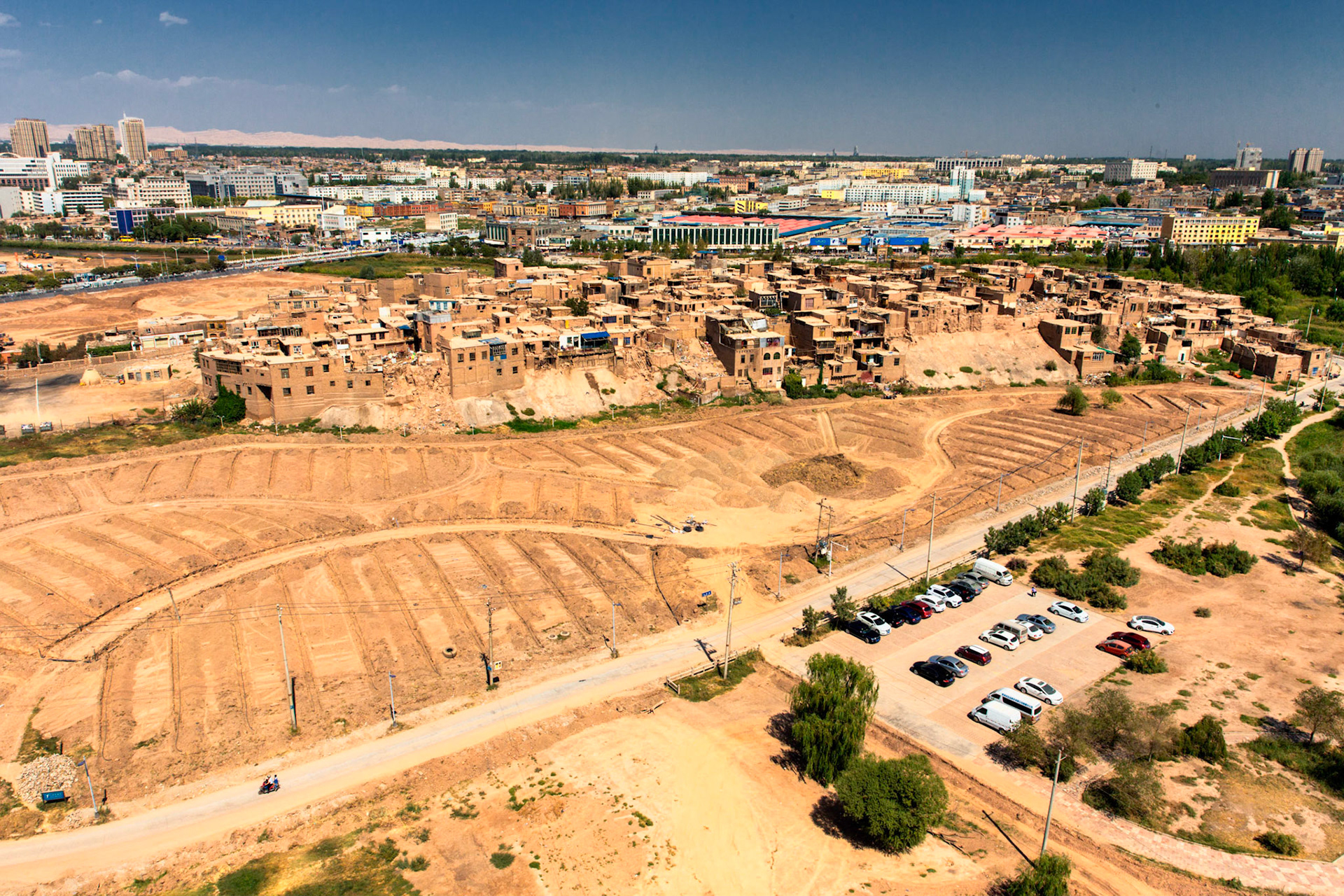 Kashgar,  China - September 10th, 2018 : View of the old city of Kashgar, as it is being demolished by Chinese authorities to be replaced with a new version