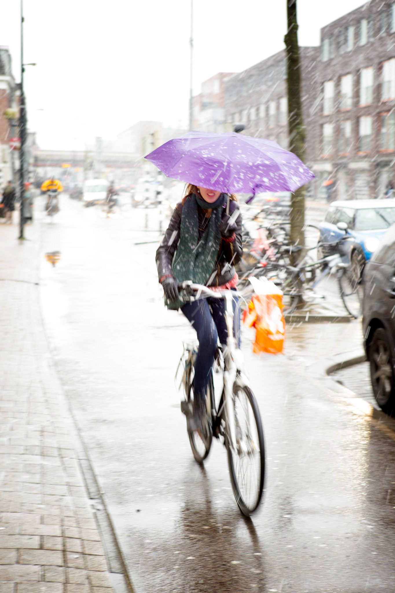 Utrecht, the Netherlands - February 9th 2013: Girl with purple umbrella on her bike in a snow shower