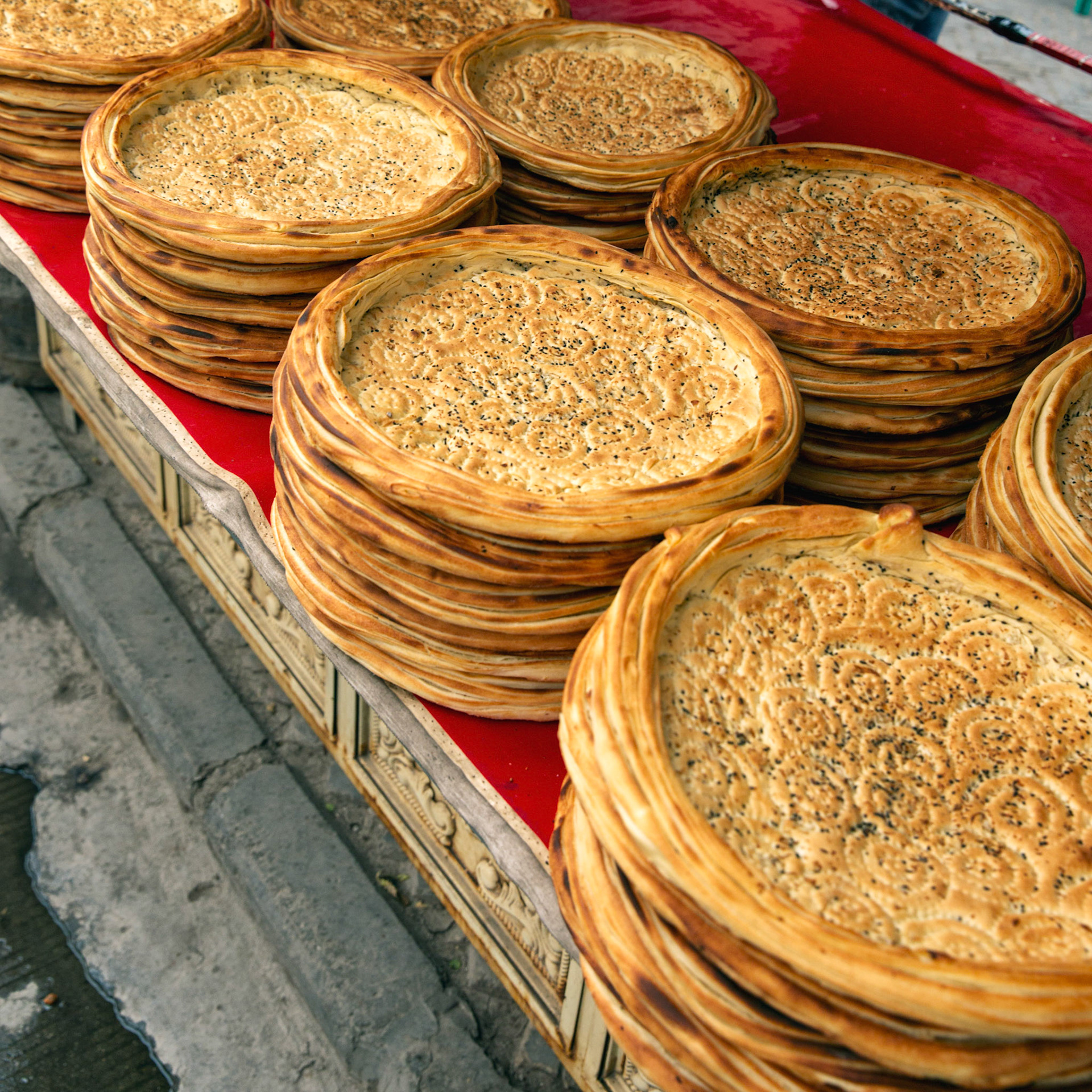 Stacks of Nan bread in Kashgar, China