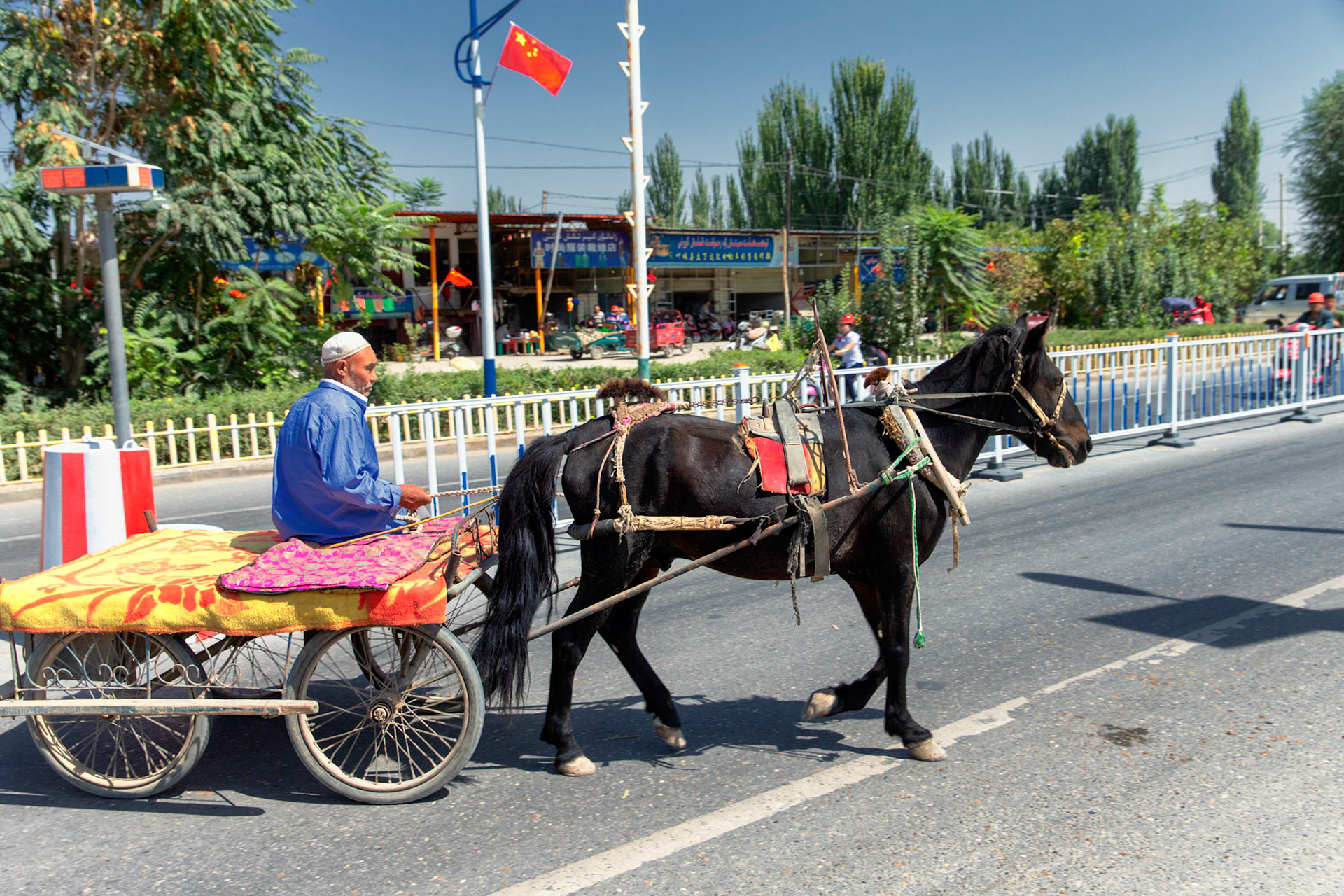 Kargilik, China - september 12th 2018: On the road 315, which leads from Kashgar south of the Taklaman desert towards Hetian, traffic can be interrupted by local farmers using horse-drawn carts. Uyghur man on horsedrawn carriage