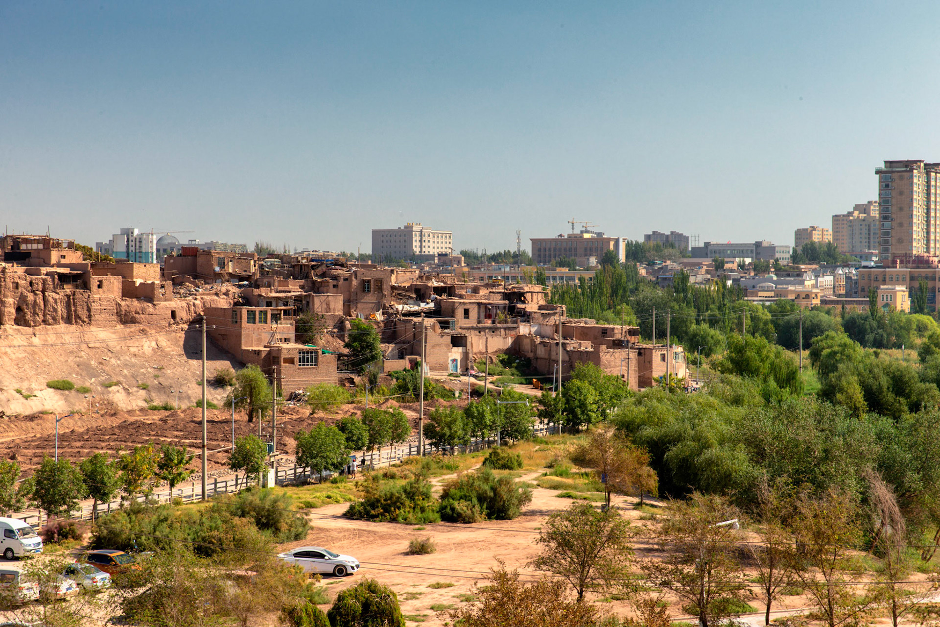 Kashgar,  China - September 10th, 2018 : View of the old city of Kashgar, as it is being demolished by Chinese authorities to be replaced with a new version