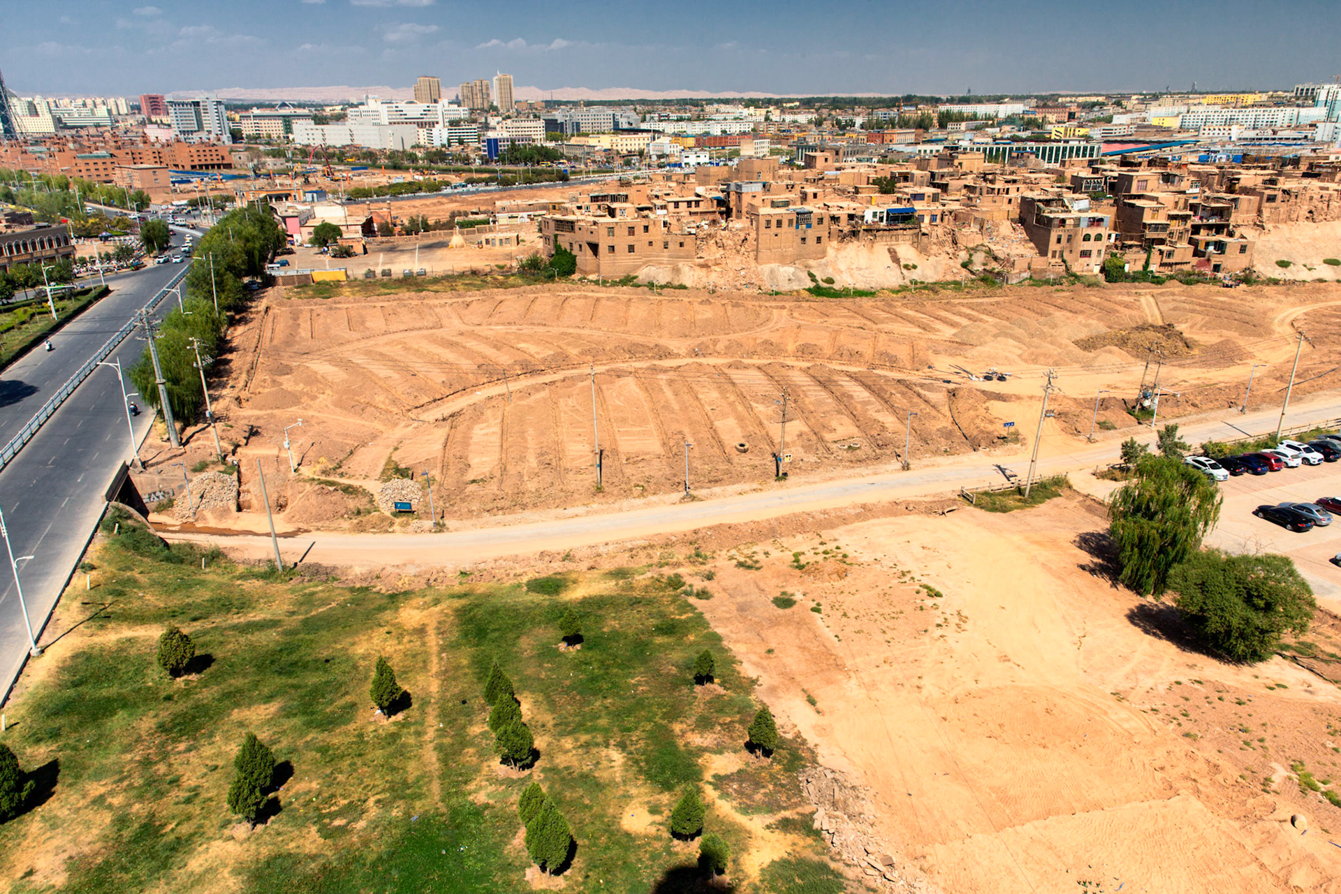 Kashgar,  China - September 10th, 2018 : View of the old city of Kashgar, as it is being demolished by Chinese authorities to be replaced with a new version