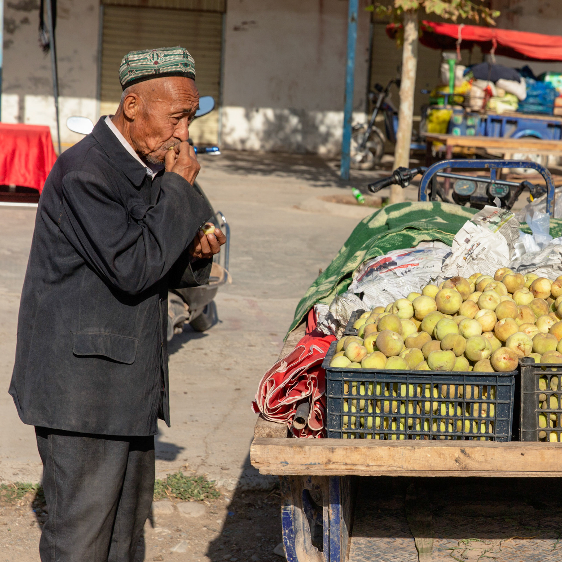 Kashgar,  China - September 9th, 2018 : Uyghur man tasting fresh fruit (dates)
