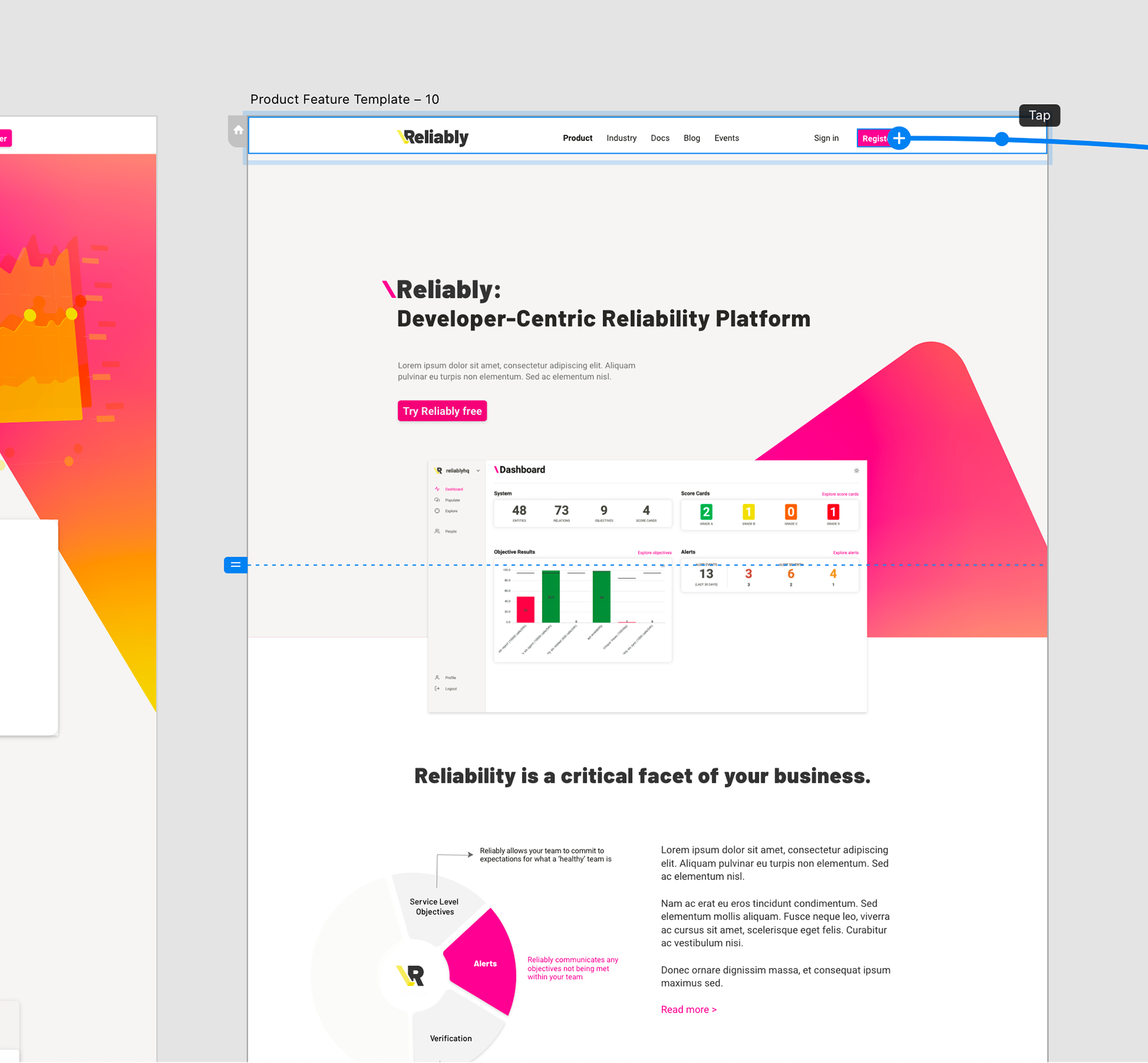 Website page design with Web App screenshot on features page - Reliably (2021)