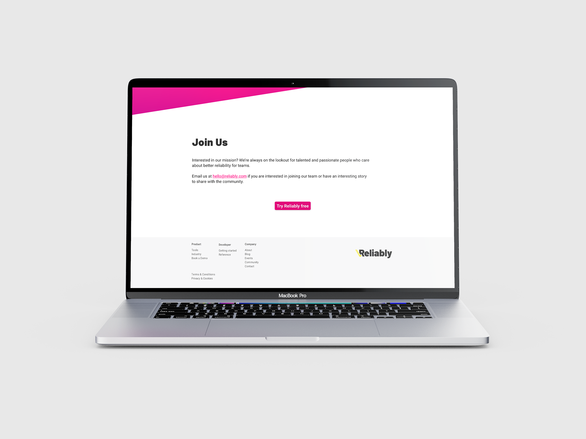 Reliably (2021) About Us page mockup, with sign up button and footer