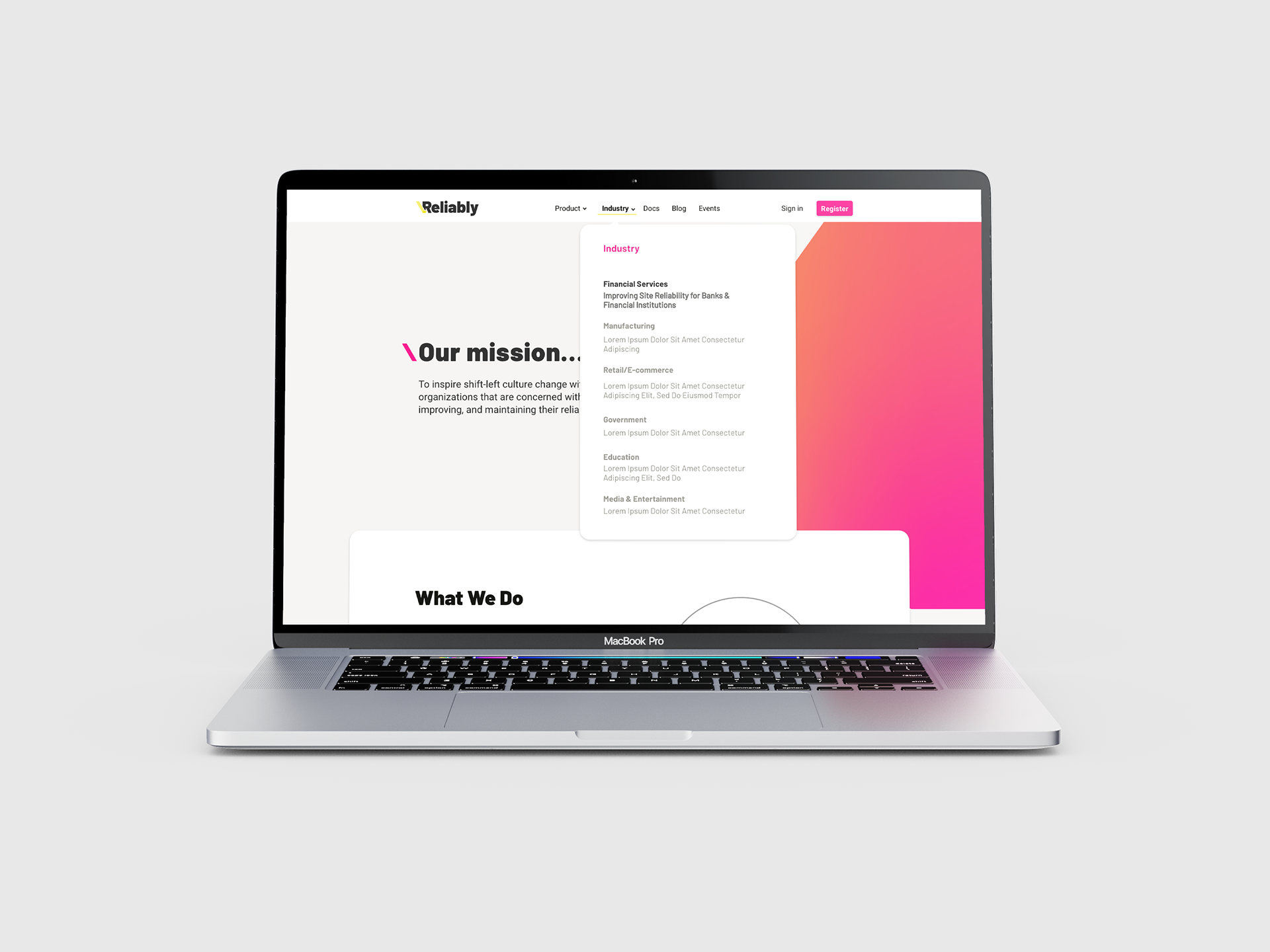 Reliably (2021) About Us page mockup, with drop down menu