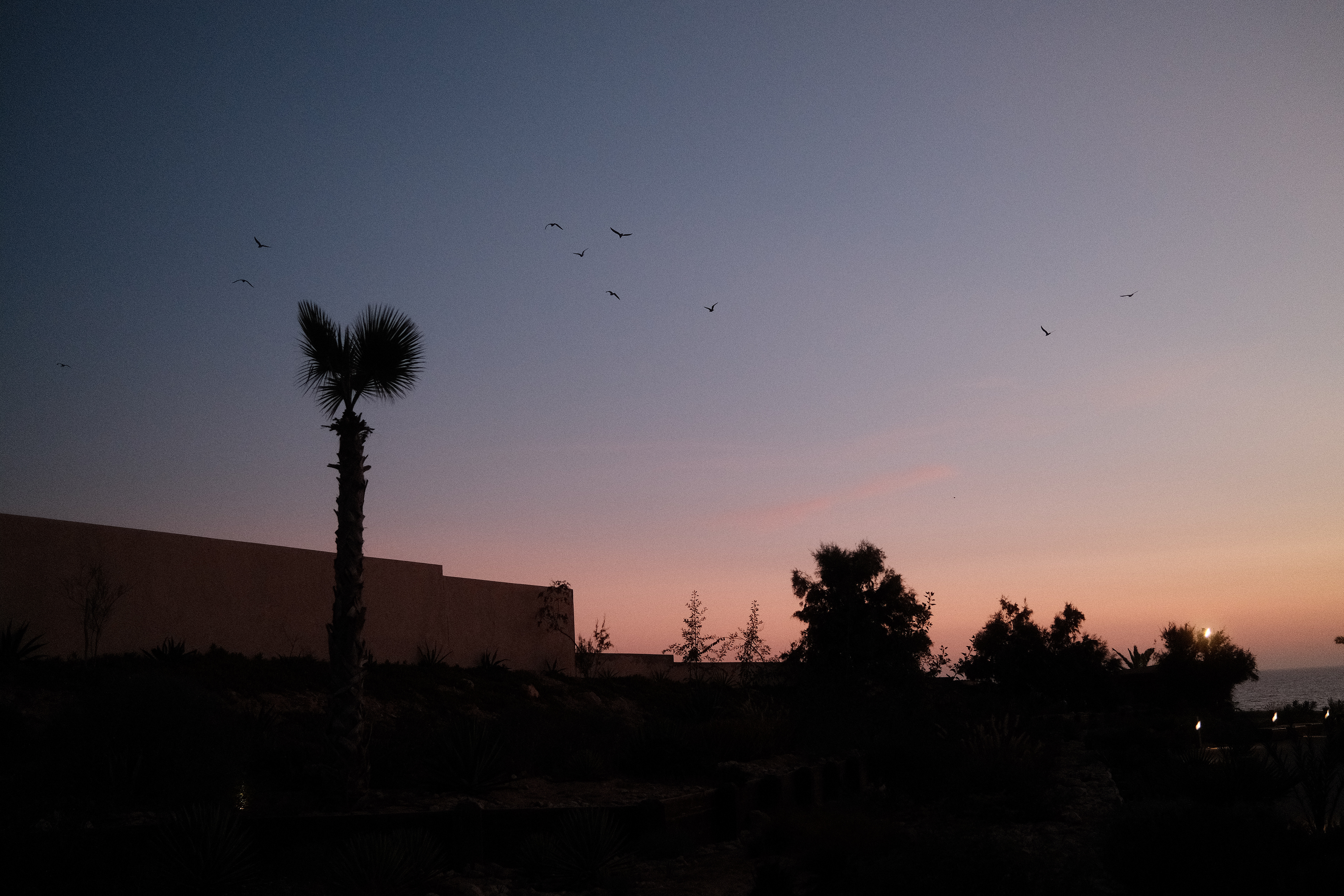 Beleuchtetes Hotelgebäude in der Abenddämmerung, luxuriöse Architektur in perfekter Atmosphäre.