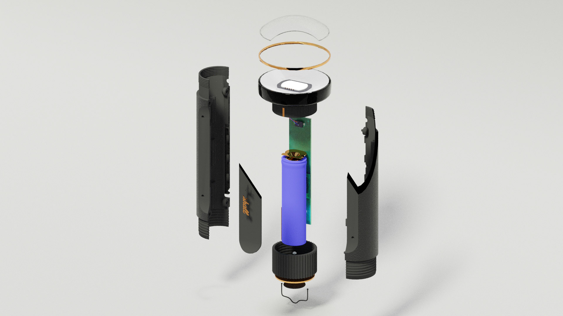 Explode model showing the inner components from the old flashlight