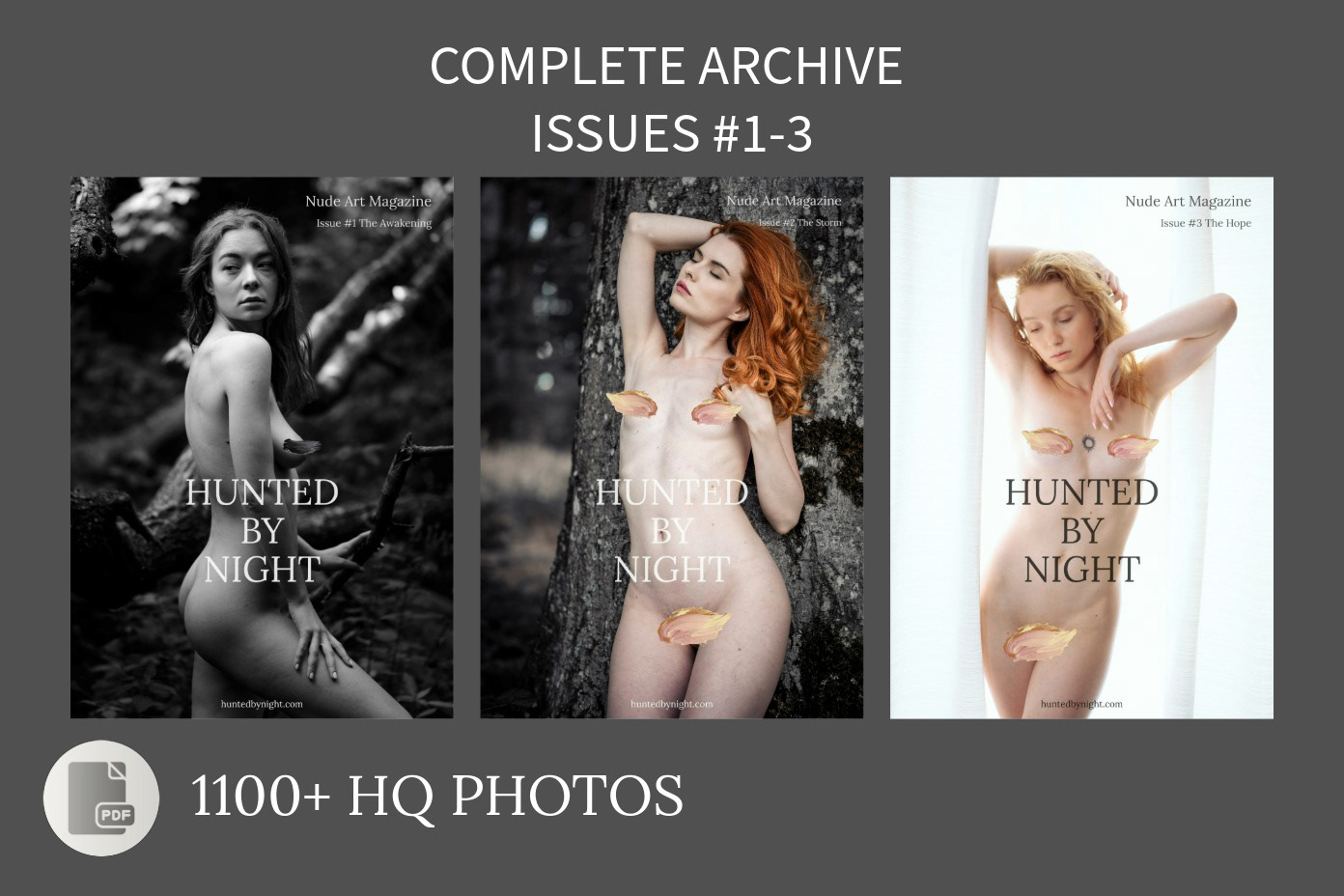 Starter archive bundle featuring Issues #1–3 of HuntedByNight Magazine, fine art nude photography collection with multiple covers and visual series