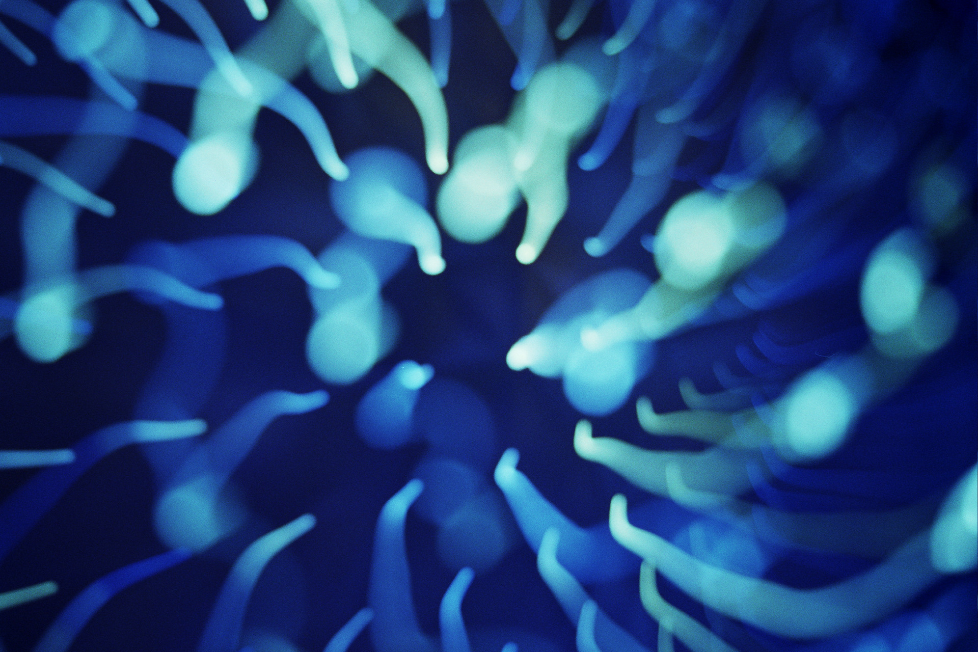 Tendrils of cyan light seem to reach for the camera.