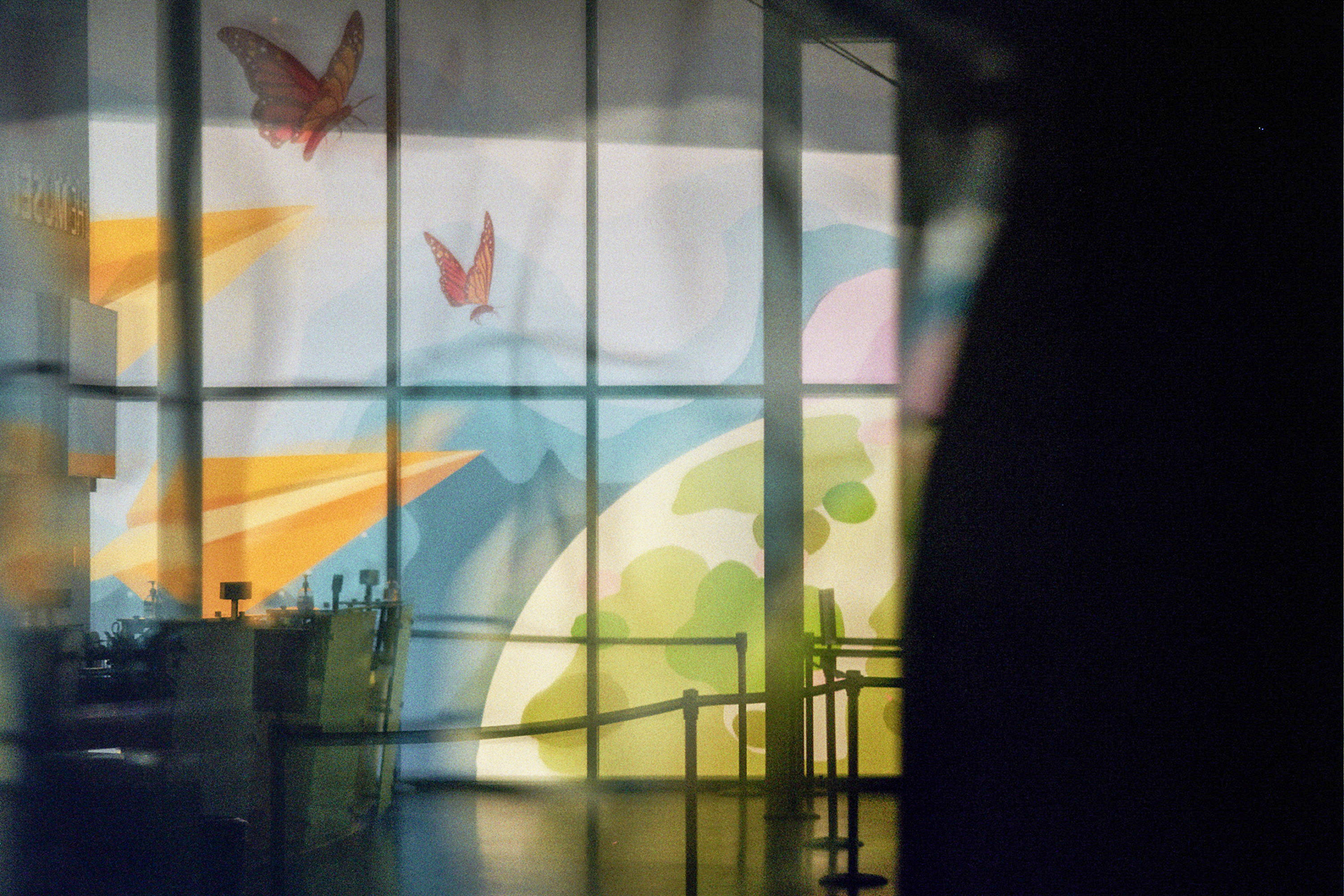 A distorted reflection of a colorful mural.