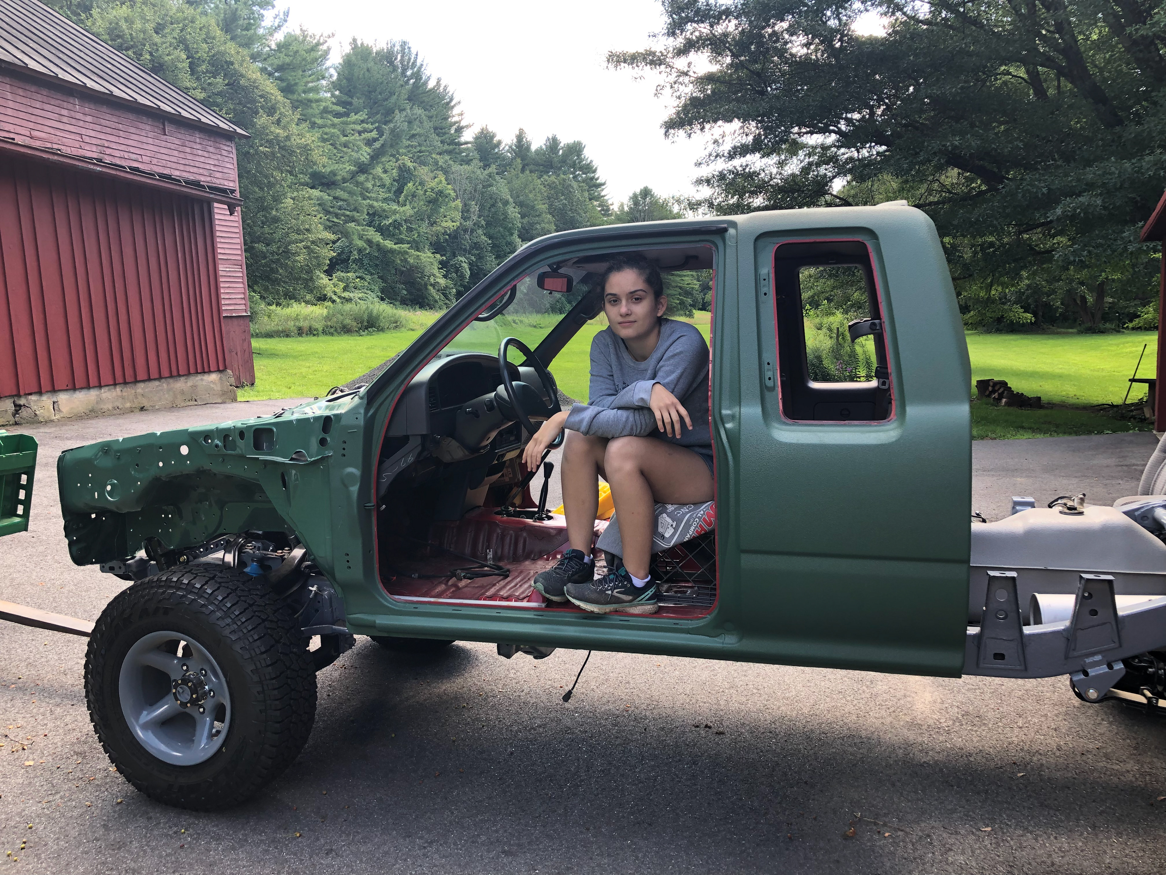 we used sage green truck bed liner as the exterior paint
