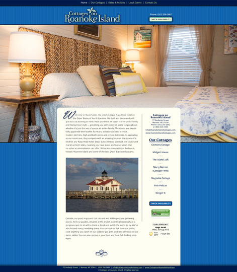 Home page for Cottages on Roanoke Island website
