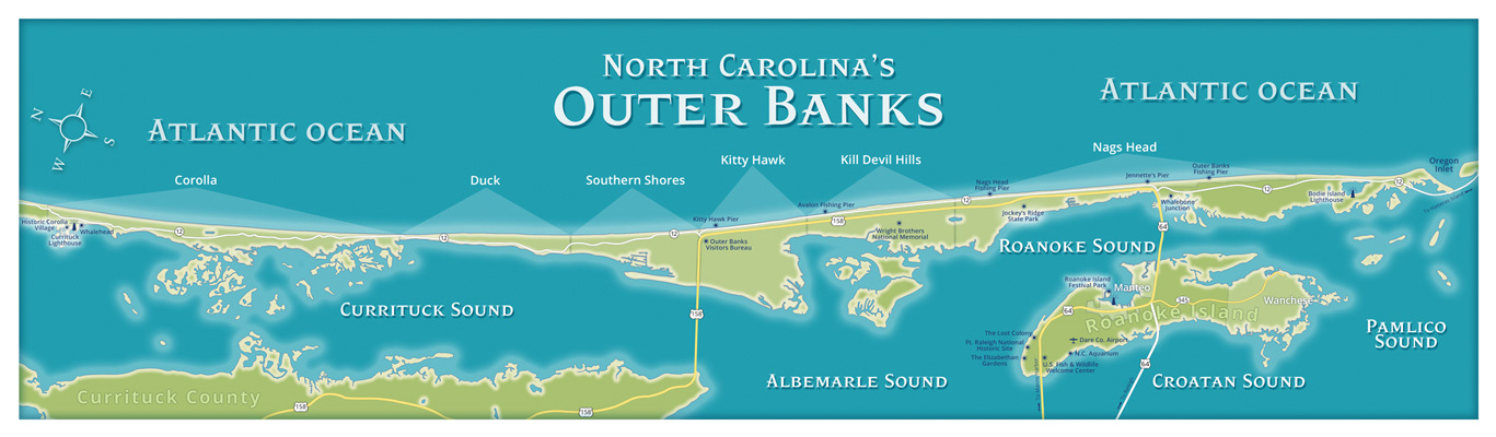 Double truck map of the Outer Banks, North Carolina