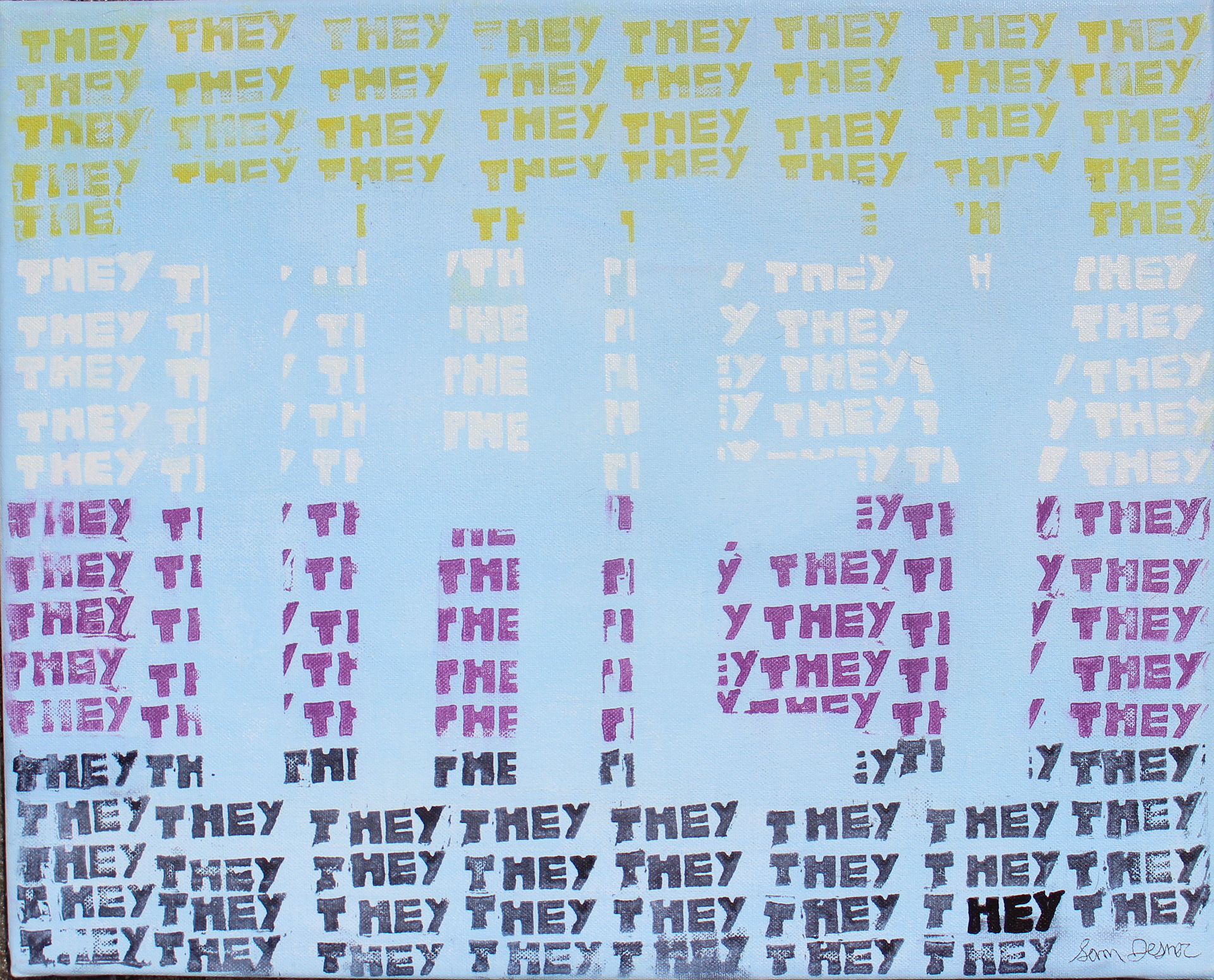 The word "they" repeatedly stamped in yellow, white, purple, and black creating the nonbinary flag. Negative space where the word isn't stamped also reads "they" the background is light blue.