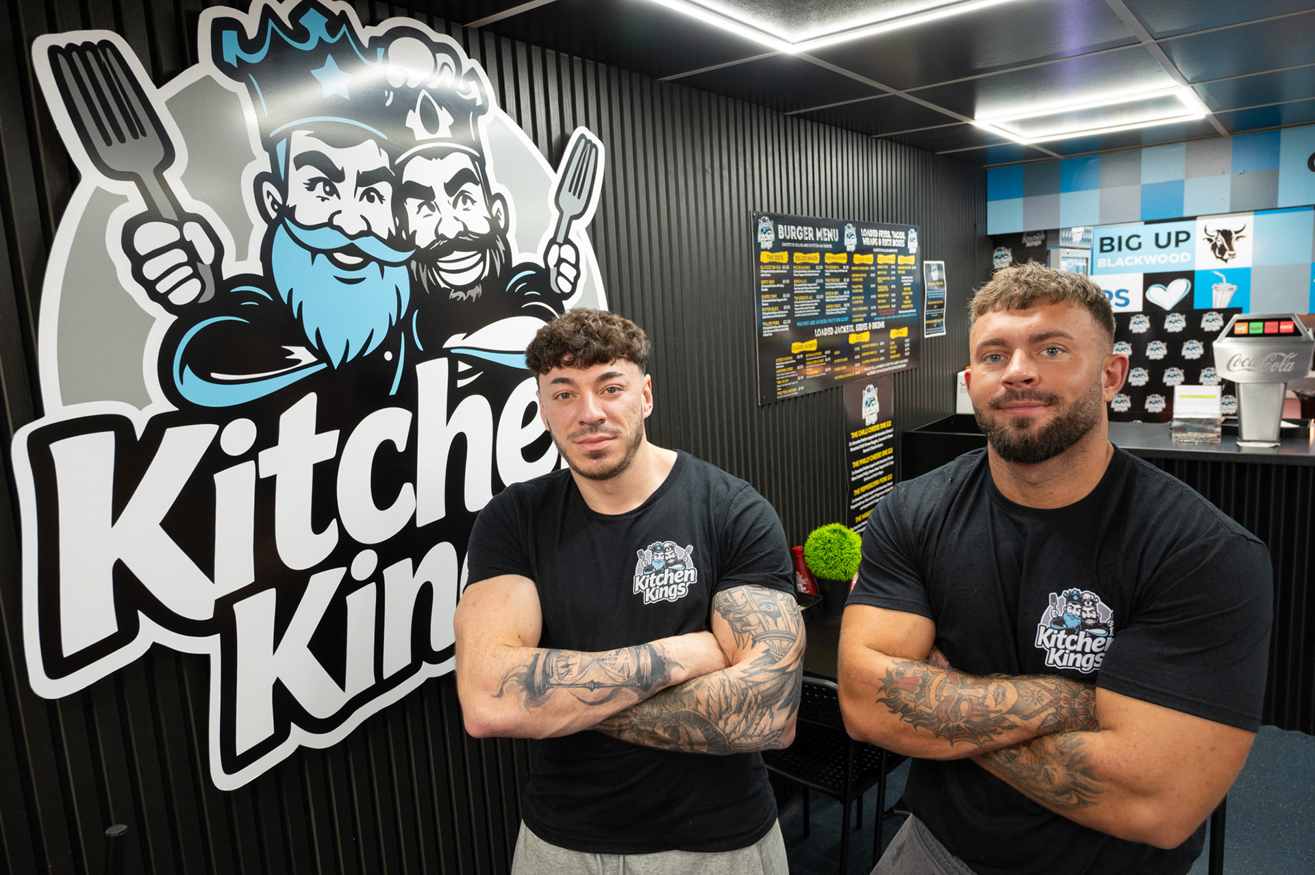 Childhood pals Will Davies, left, and Tommi Webb, right who are relative newcomers to Blackwood High Street with their Kitchen Kings food outlet which they opened in April 2025 after starting the business from a burger van near Blackwood Rugby Club. The lads who were brought up in Ystrad Mynach both have backgrounds in catering with Will having worked in his fathers fish and chip shop and cafe in Newbridge whilst trained chef Tommi was a former head chef at The Cross Oaks pub in Oakdale.