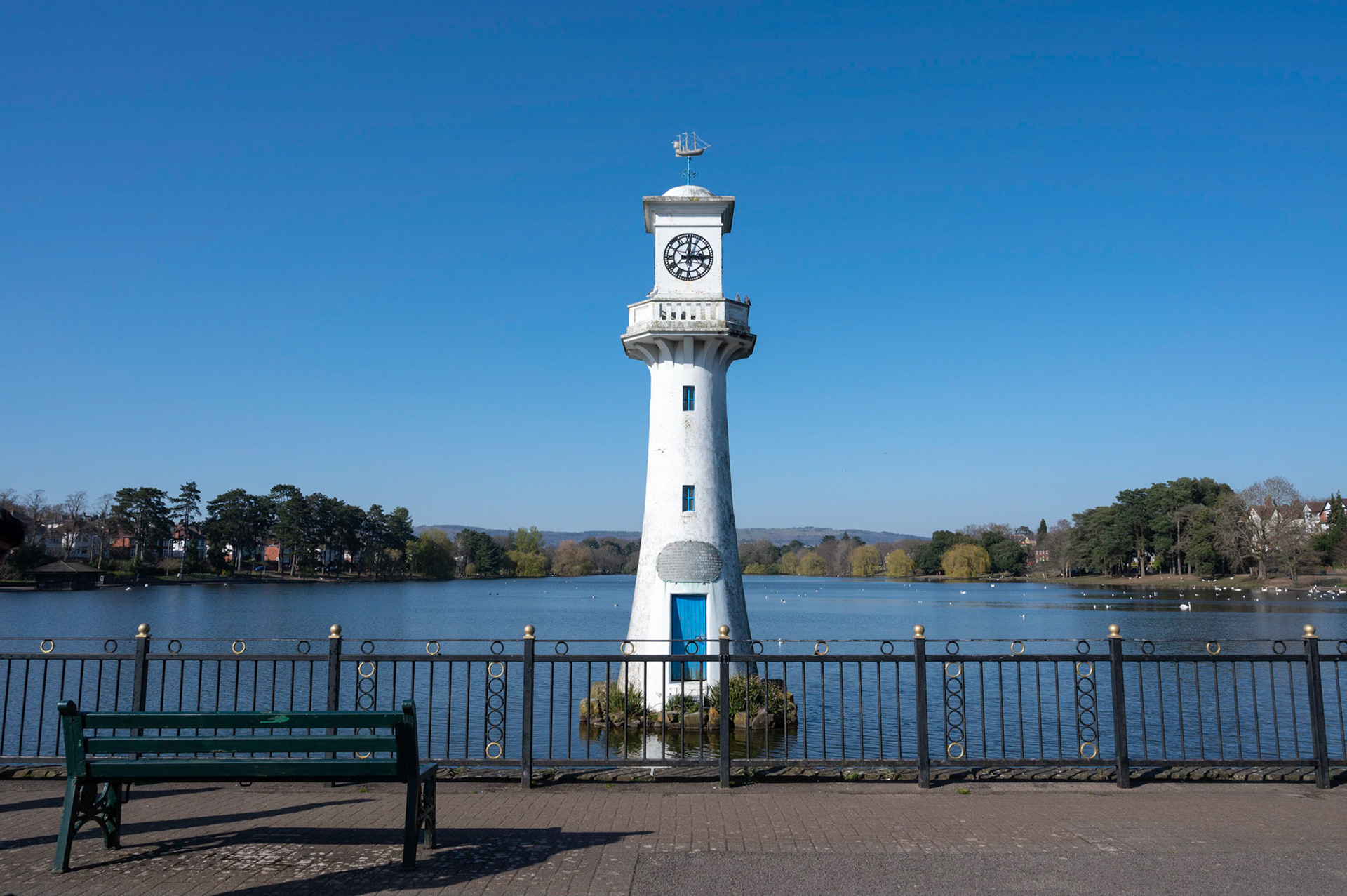 The Scott monument clock tower at Roath Park, Cardiff under a blue sky during the coronavirus pandemic, 25/3/20.