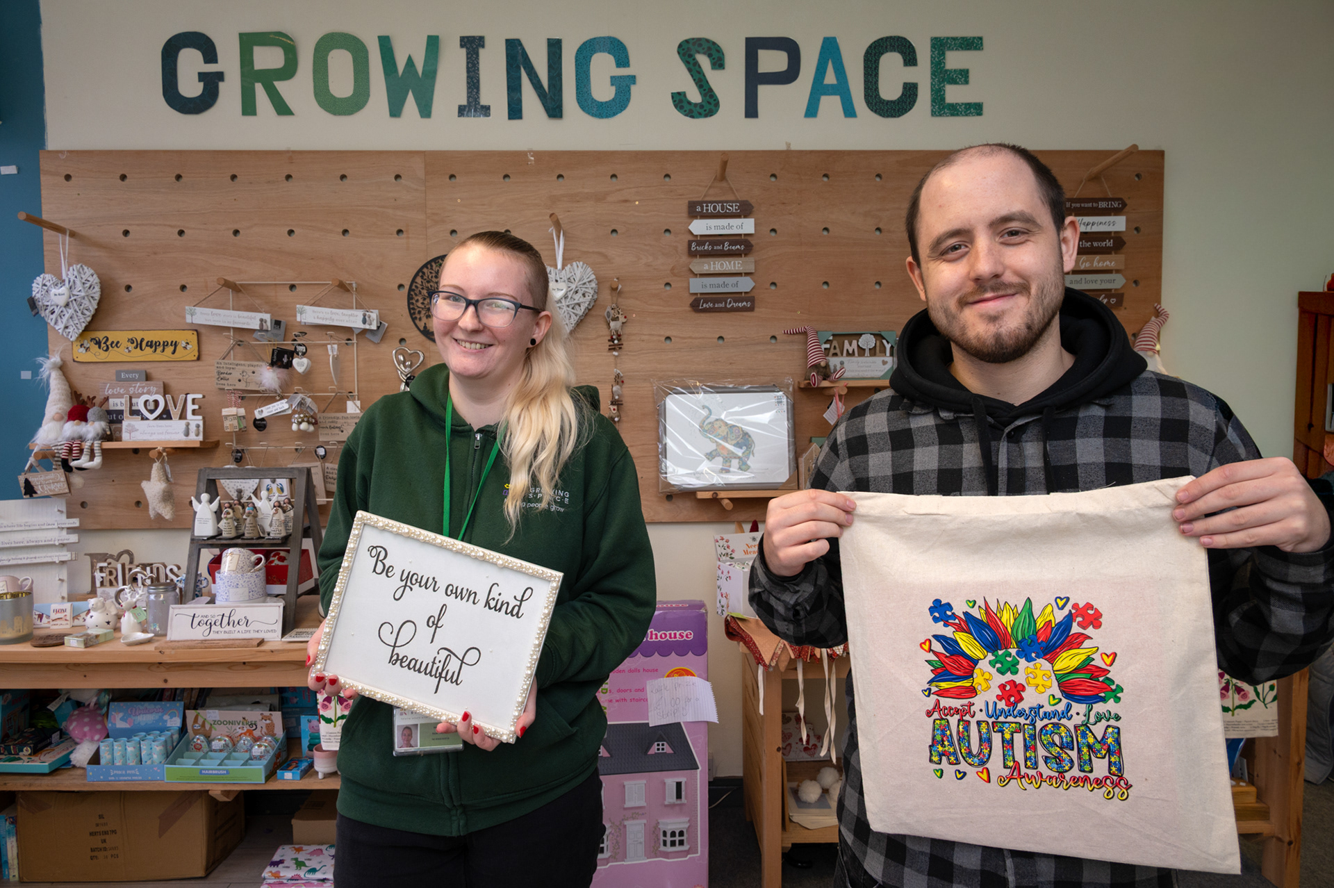 Jessica Gibbs, left, supervisor for the past four years at Growing Space on Blackwood High Street is pictured with Regional Assistant Jordan Powell.  The charity which has been on the High Street for five years supports people with mental ill health, autism or a learning disability through courses that develop skills and confidence. Courses are held throughout the charities many locations around Gwent and The Rhymney Valley and goods produced on the courses are sold in the charities shop in Blackwood. 22/10/25