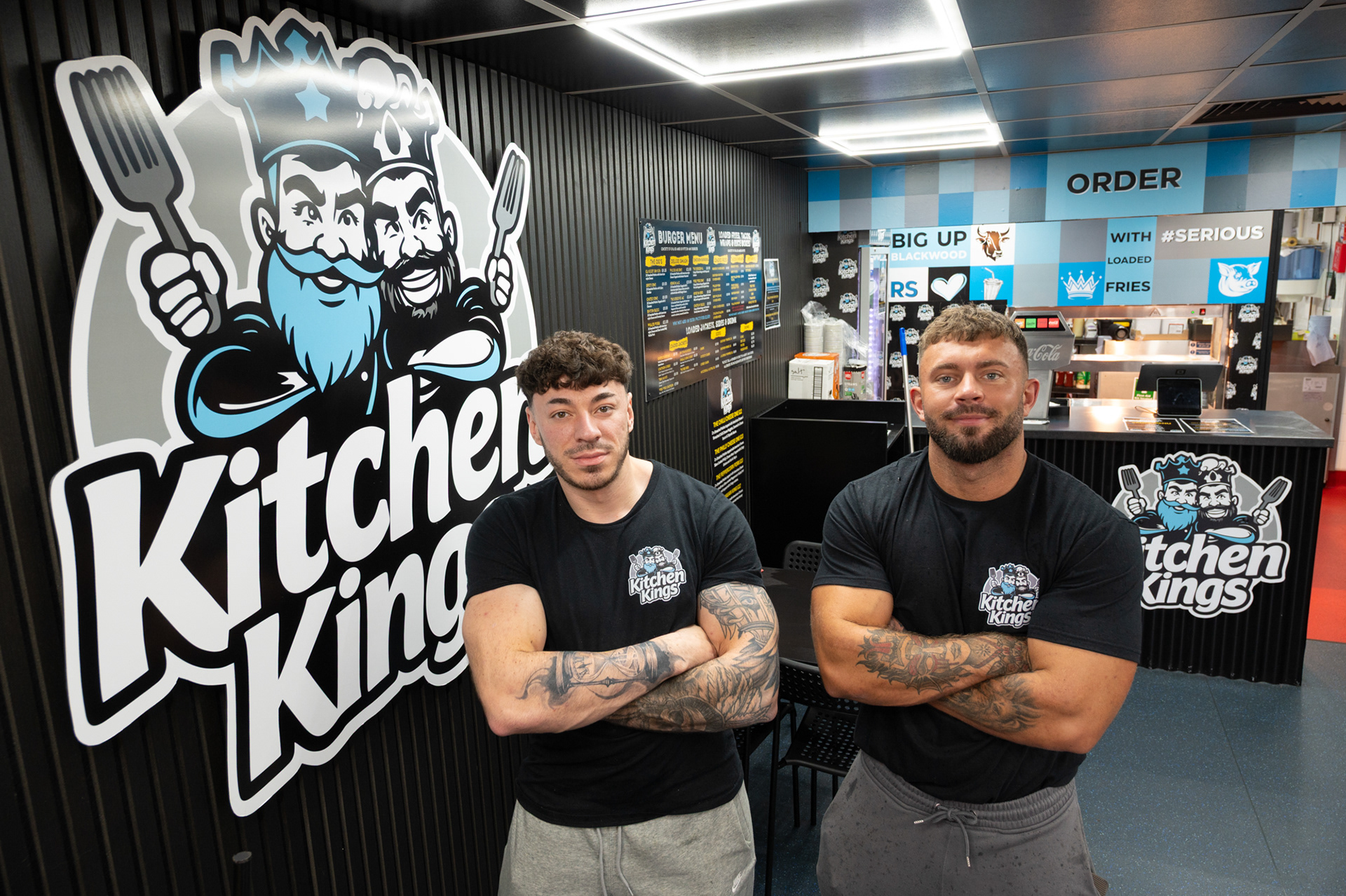 Childhood pals Will Davies, left, and Tommi Webb, right who are relative newcomers to Blackwood High Street with their Kitchen Kings food outlet which they opened in April 2025 after starting the business from a burger van near Blackwood Rugby Club. The lads who were brought up in Ystrad Mynach both have backgrounds in catering with Will having worked in his fathers fish and chip shop and cafe in Newbridge whilst trained chef Tommi was a former head chef at The Cross Oaks pub in Oakdale.