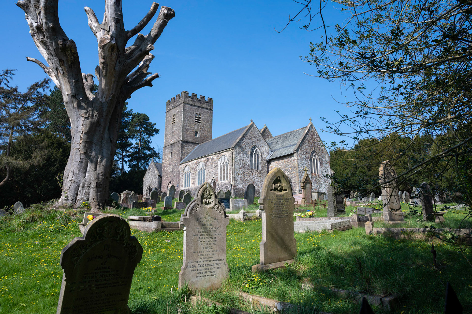 St Mellons Parish Church, Cardiff under a blue sky on the first day of the coronavirus lockdown, 24/3/20.