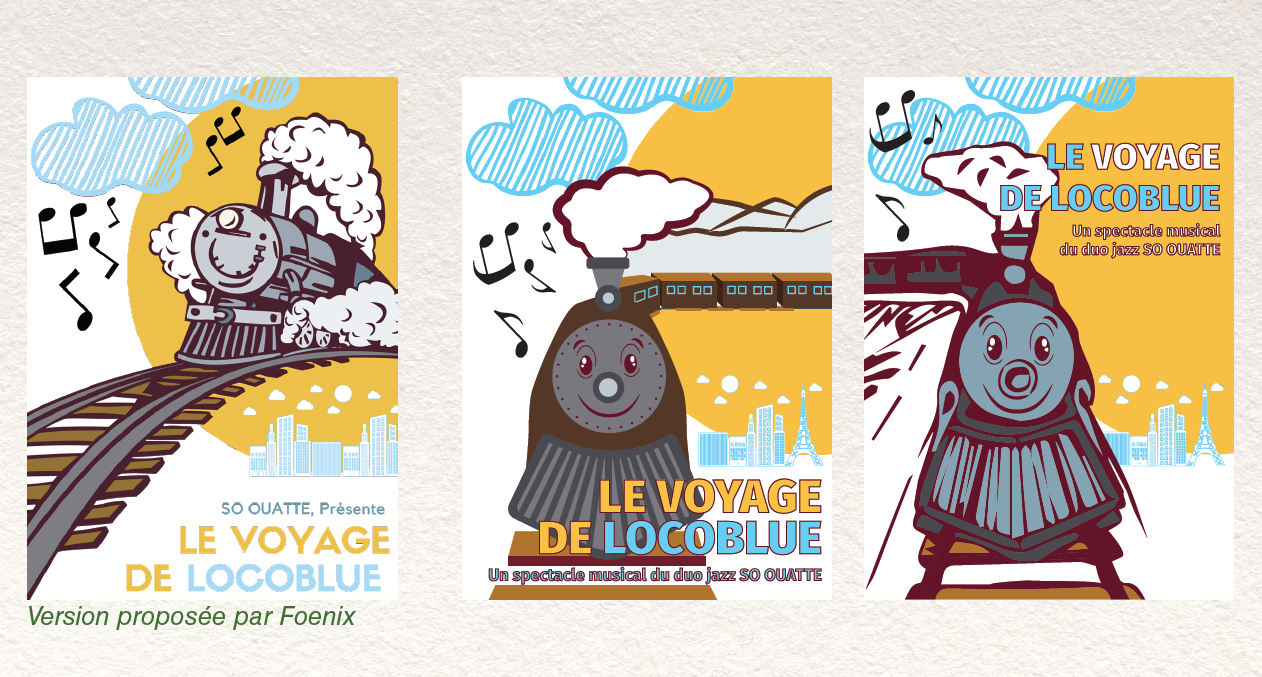 Première versions proposées par le sudio Foenix, puis mes ébauches de re-design. Les principales modifications étant l’ajout de monuments de la ville de Paris et la perspective du train. Pour ce projet, le studio Foenix a préparé une affiche de promotion du spectacle « Le voyage de Locoblue » pour le duo de jazz So Ouatte, via le site Ludipress.com . Ils m’ont demandé de reprendre ce projet pour deux raisons : d’abord, les banques d’images gratuites et libres de droits multipliaient les chances de les retrouver ailleurs. Aussi, pour une personnalisation à 100 %, il était préférable de tout dessiner sois-même, plutôt que de piocher là où l’univers visuel désiré (et uniforme) n’était pas forcément disponible. Cependant selon moi, ce procédé peut produire une très bonne base. LE VOYAGE DE LOCOBLUE Un spectacle musical du duo jazz SO OUATTE LE VOYAGE DE LOCOBLUE Un spectacle musical du duo jazz SO OUATTE Version