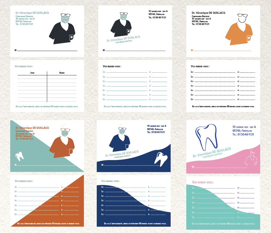 Propositions de cartes : - recto-verso - reprenant les couleurs communes de blouses de dentistes, et du cabinet du Dr. de Quillacq.