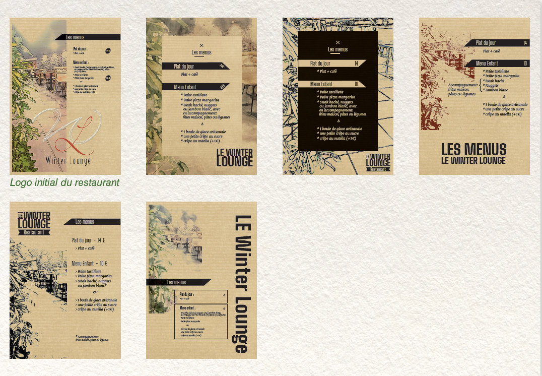 Suggestions de modèle de page. Essais sur papier kraft pour accompagner l’image old school et lounge, déjà présente dans l’établissement. Propositions de traitements d’images. Propositions de nouveaux logos, plus en accord avec ce style.