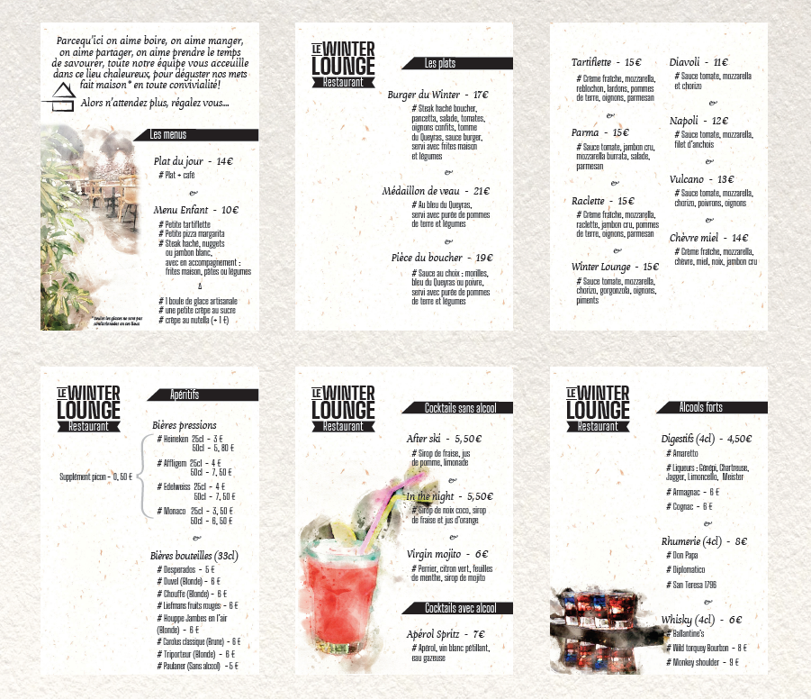 Quelques pages du modèle sélectionné. Finalement nous sommes partis sur un papier recyclé, avec quelques images illustrées. Après discussion, j’ai décidé de faire la carte avec une taille de caractères particulièrement grande : les plats étant toujours indiqués trop petits à mon goût, avis partagé par le propriétaire du restaurant.