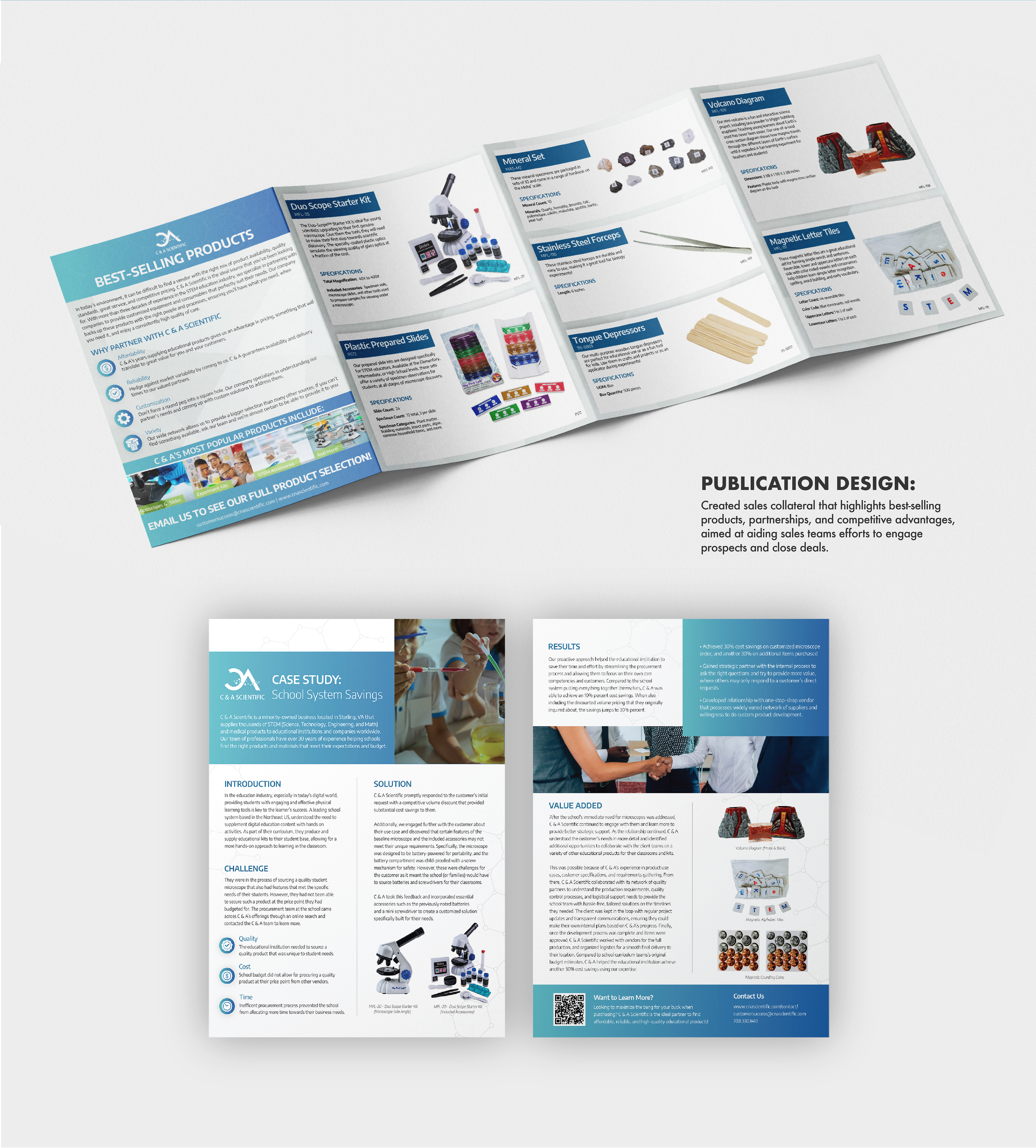 Image of publication design, with a caption reading "created sales collateral that highlights best-selling products, partnerships, and competitive advantages, aimed at aiding sales teams efforts to engage prospects and close deals".
