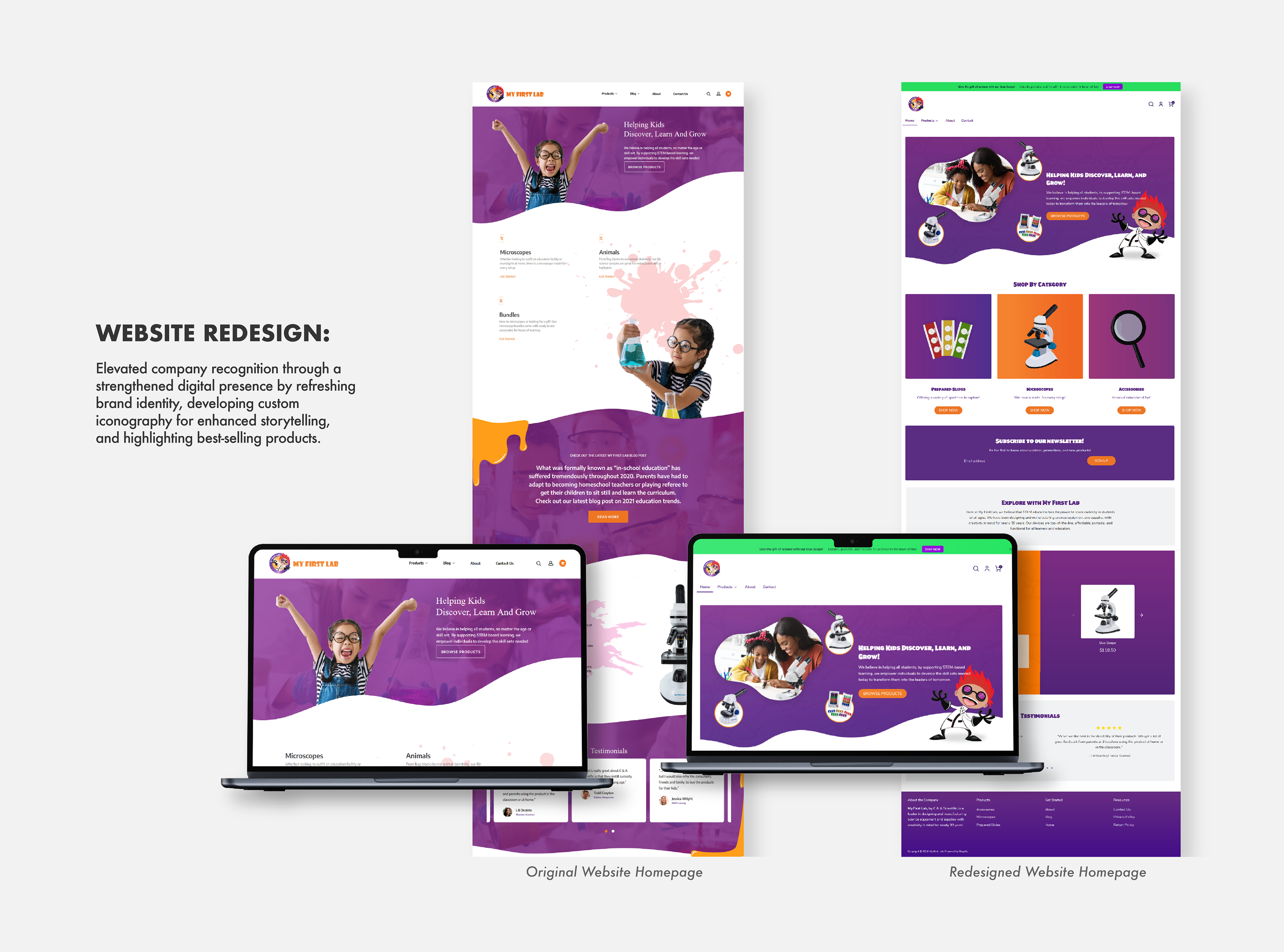 Image of website redesign, says " elevated Recognition through a strengthened Digital presence by refreshing brand identity, developing custom iconography for enhanced storytelling, and highlighting best selling products.