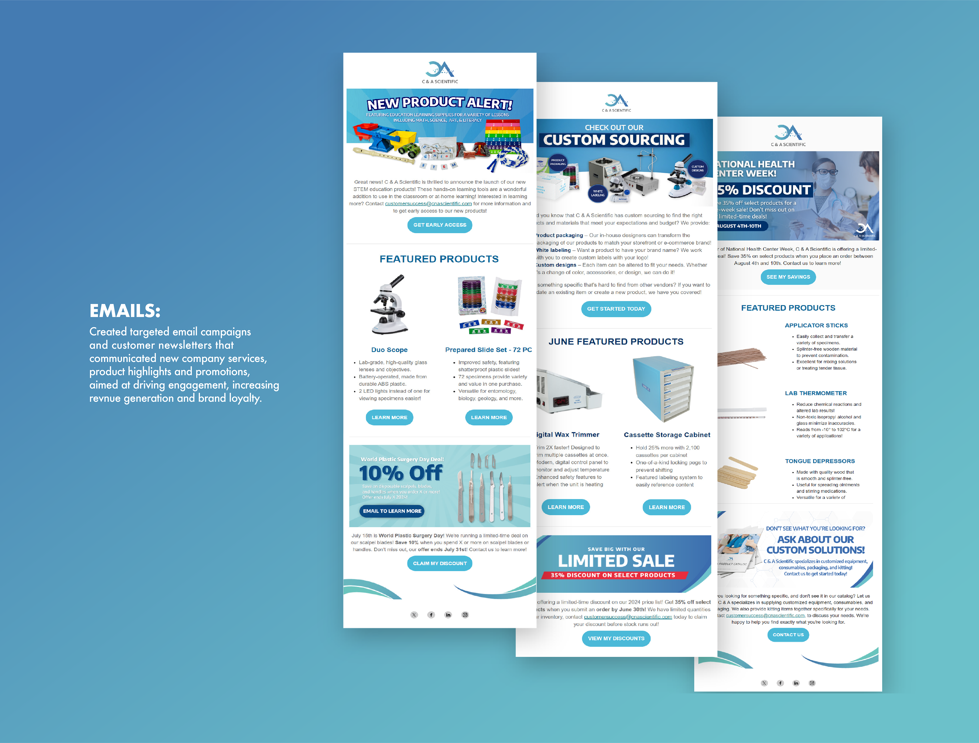 Image of email campaigns, saying "create a targeted email campaigns and customer newsletters that communicated new company services, product highlights, and promotions and a driving engagement, increasing revenue generation, and brand loyalty."
