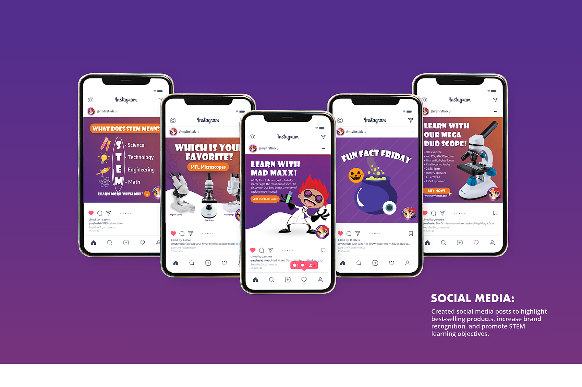 Image of social media graphics with your caption that says create social media post to highlight best selling products, increase brand recognition, and promote STEM learning objectives