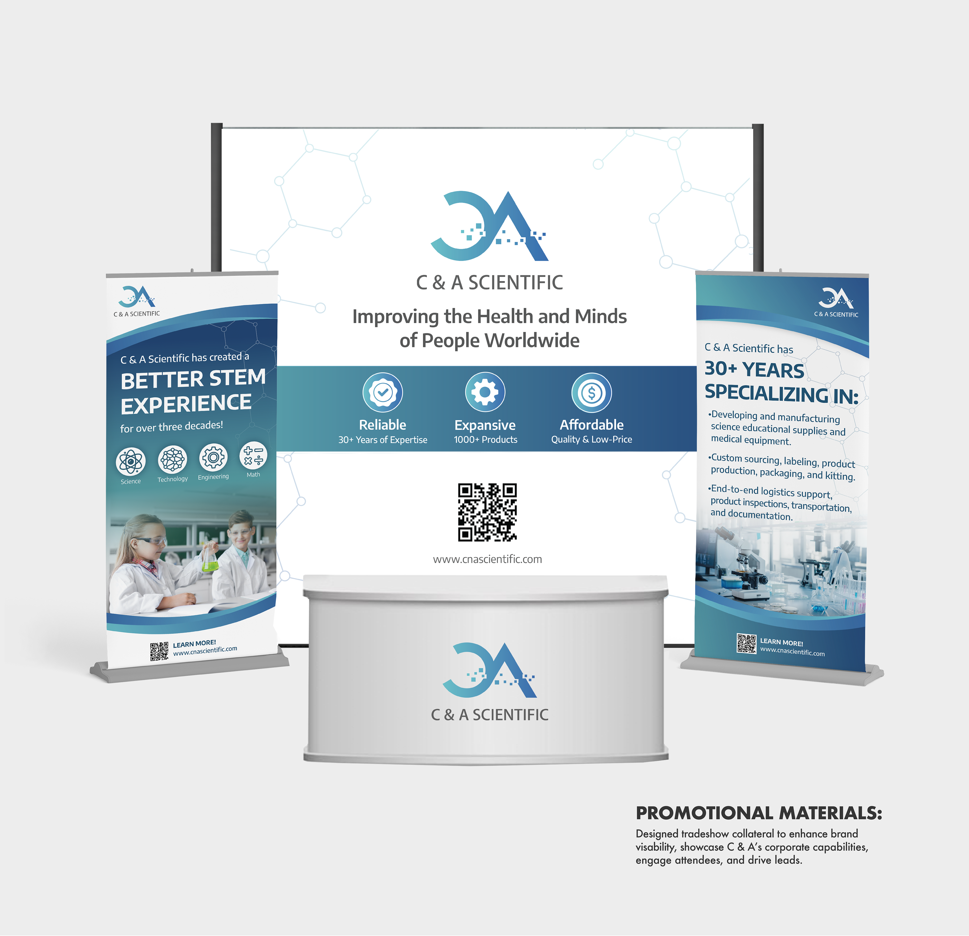 Trade show display mockup of a backdrop, and two banners. Description says "designed tradeshow collateral to enhance brand visibility, showcase C & A's corporate capabilities, engage attendees, and drive leads."