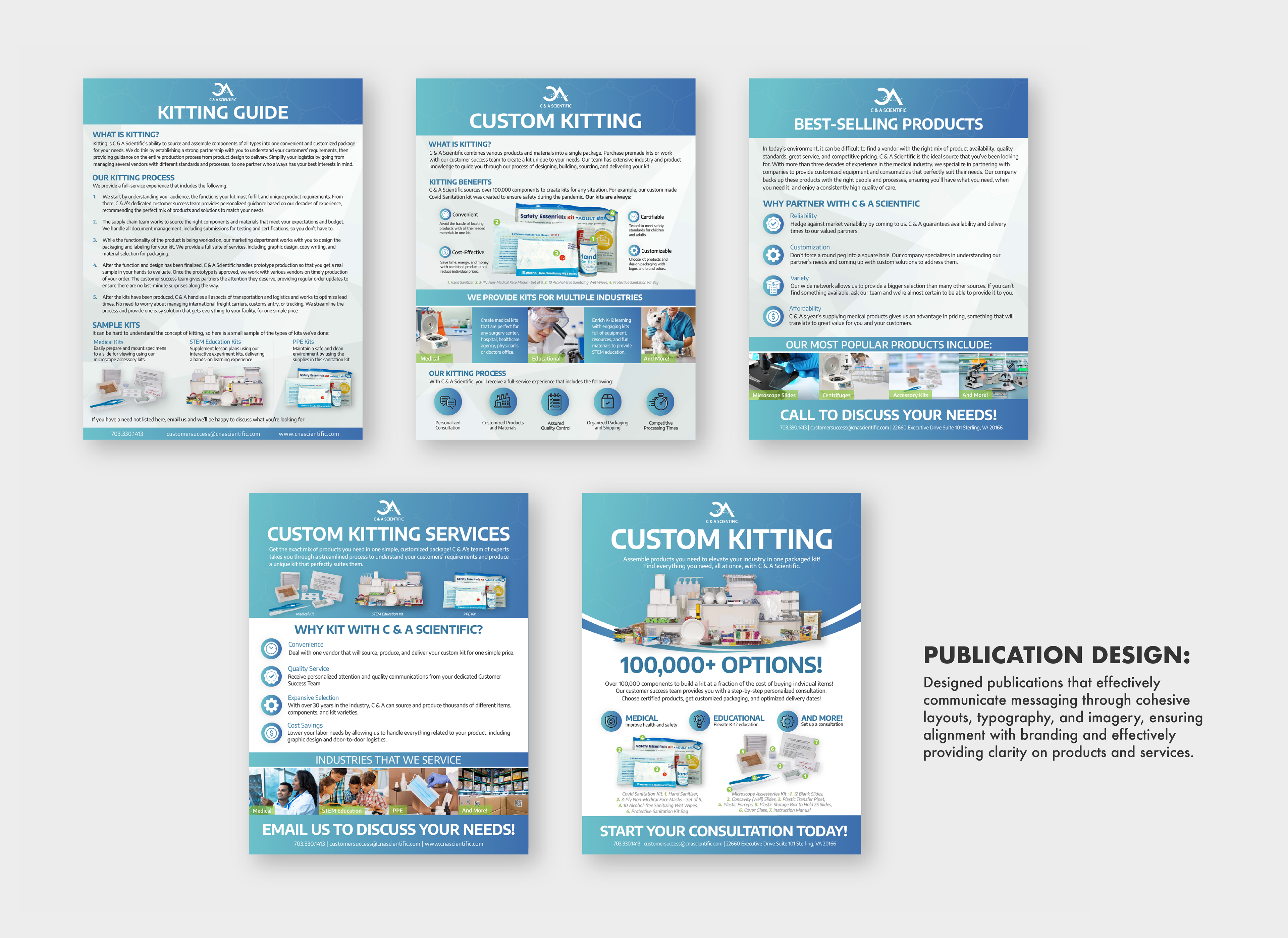 Image of publication design, says "designed publications that effectively communications messaging through layouts, typography, and imagery, ensuring alignment with branding and affectively providing clarity on products and services.
