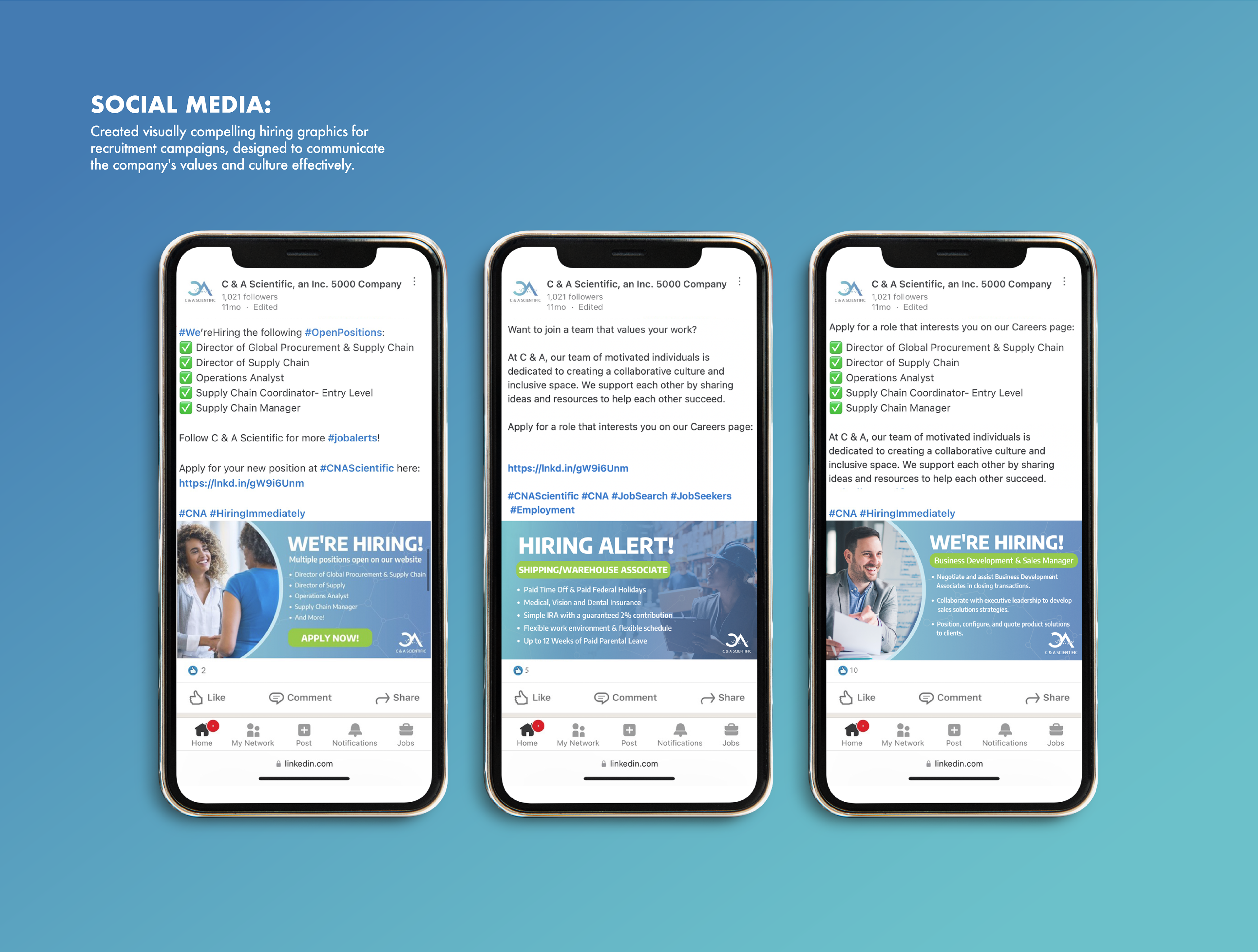 Hiring social media graphics. Description says: created visually compelling hiring graphics for recruitment campaigns, designed to communicate the company's values and culture effectively."