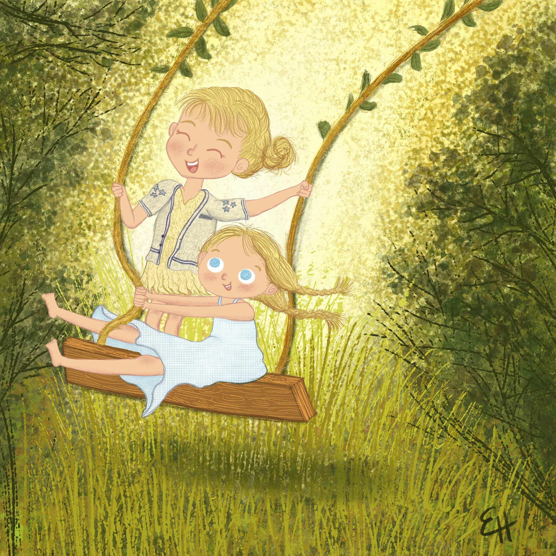 Two sisters swinging in summer light
