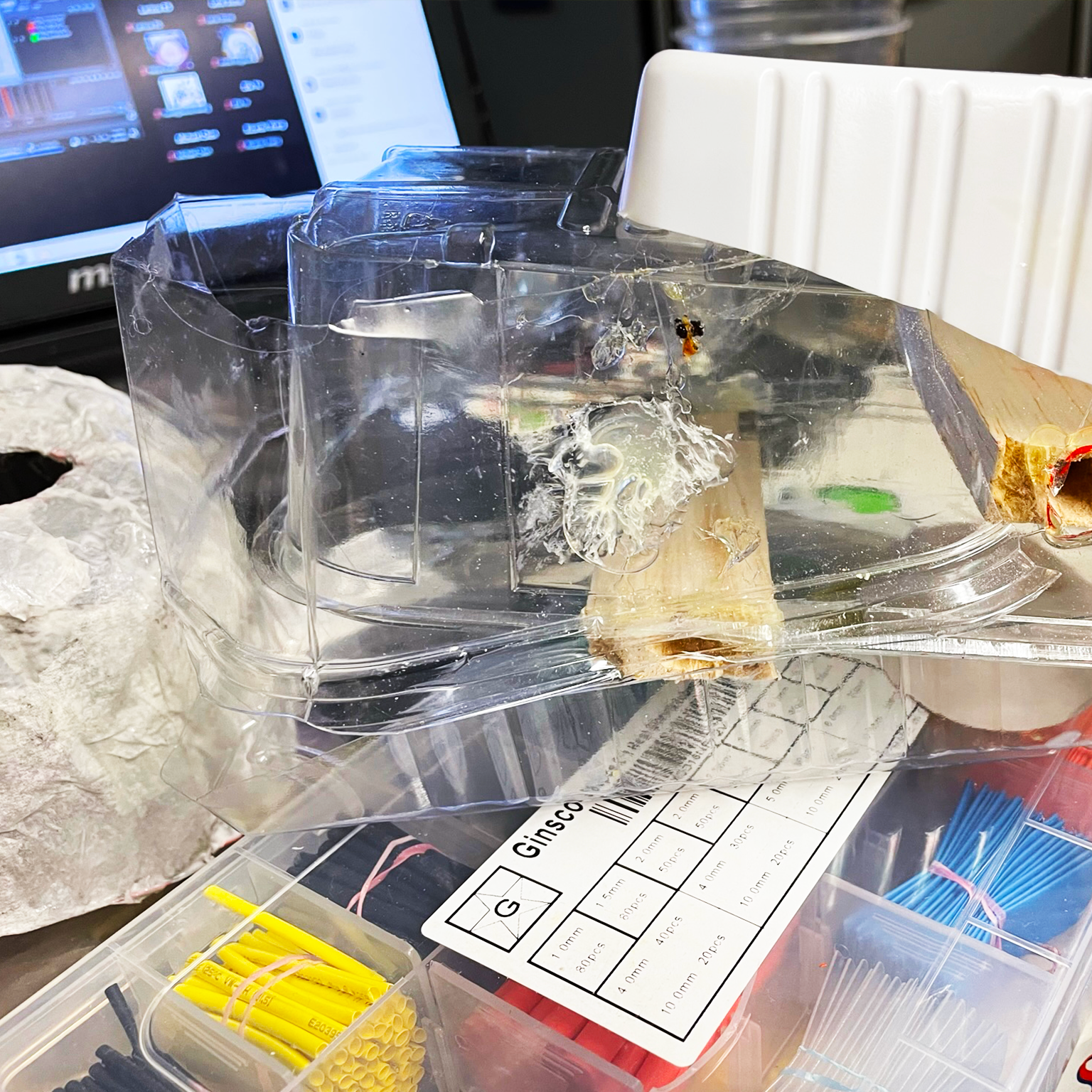 Plastic food containers shaped into a base