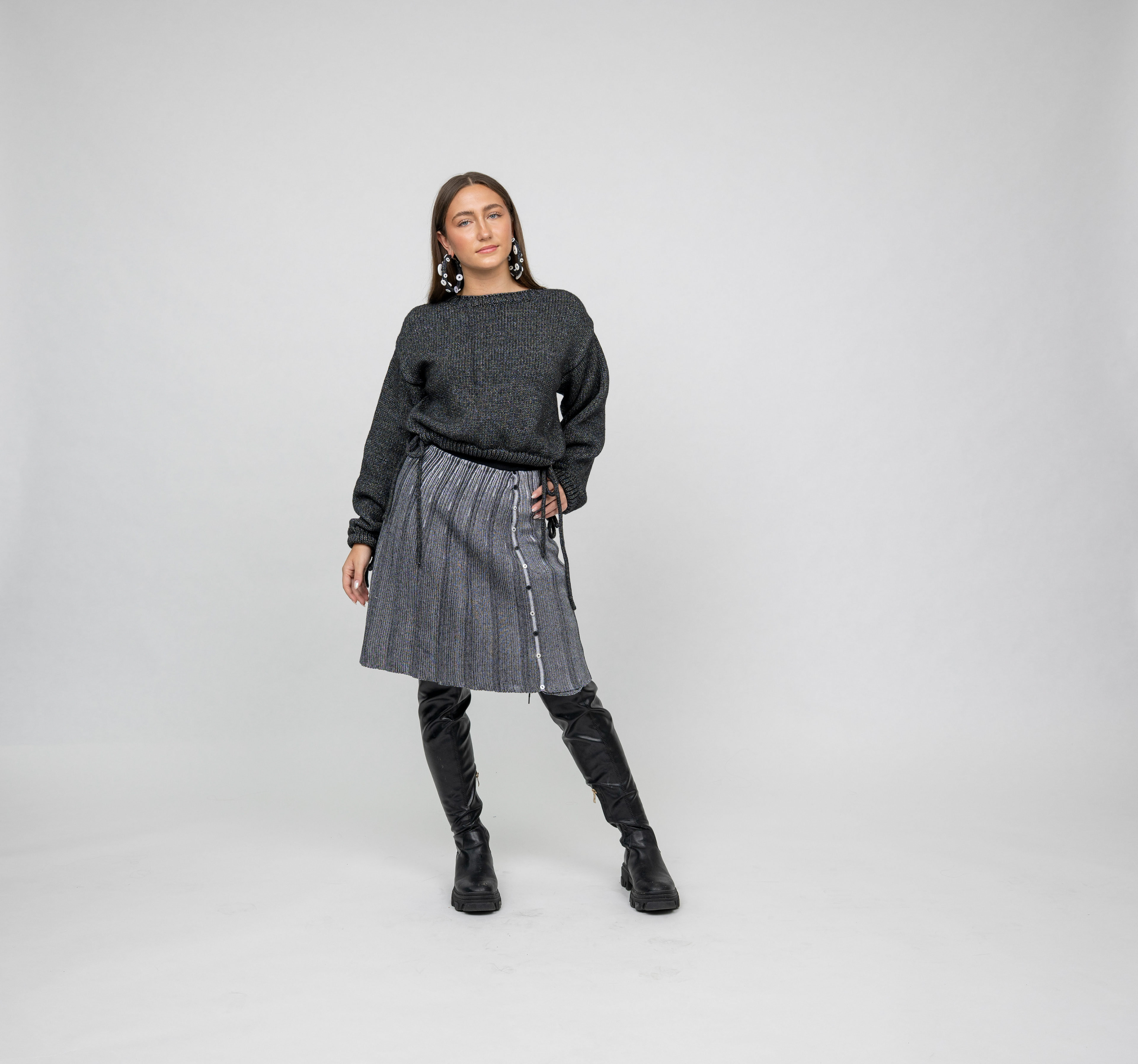 Gored Skirt, Tie Sweater, and Knit Hoops