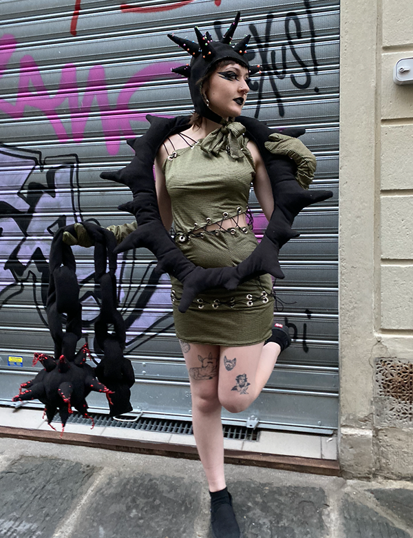Lace up dress with soft sculpture accessories
